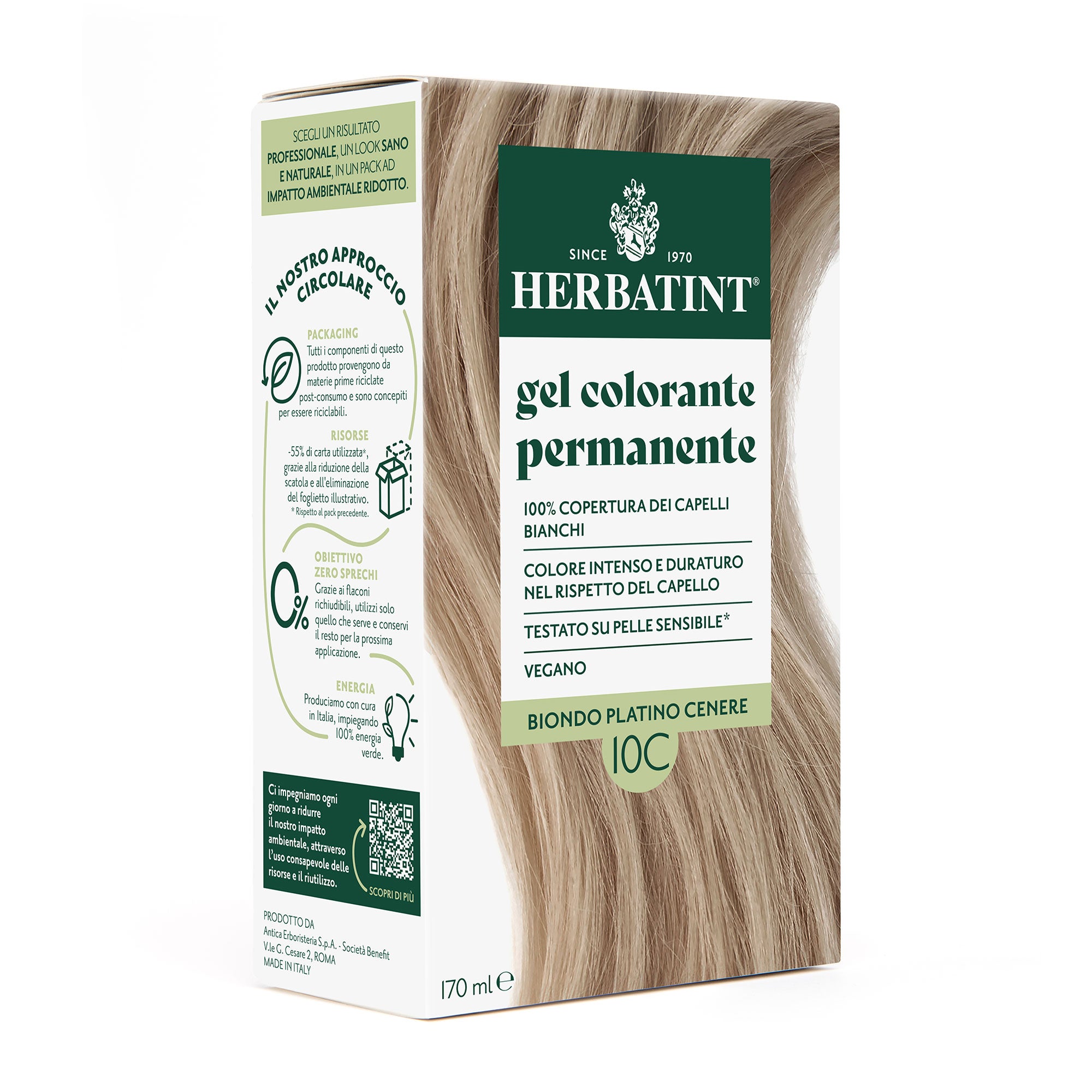 Gel colorante permanente senza ammoniaca Herbatint 10C Biondo Platino Cenere