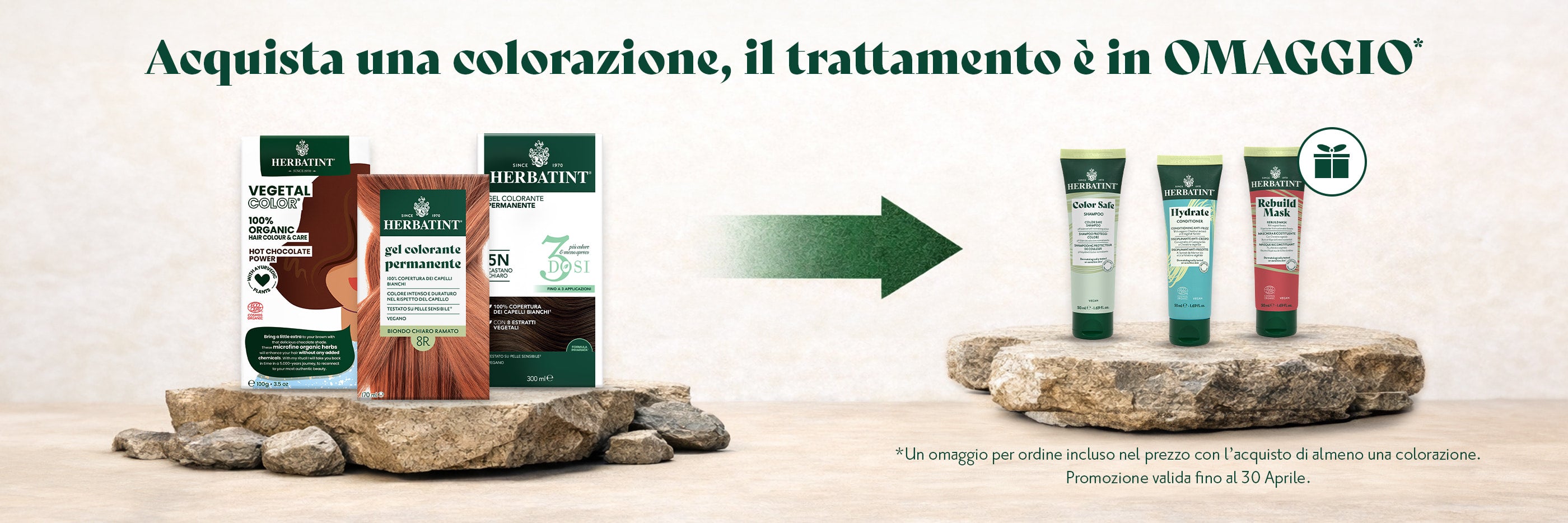 Banner aprile Herbatint, acquista una colorazione, il trattamento è in omaggio