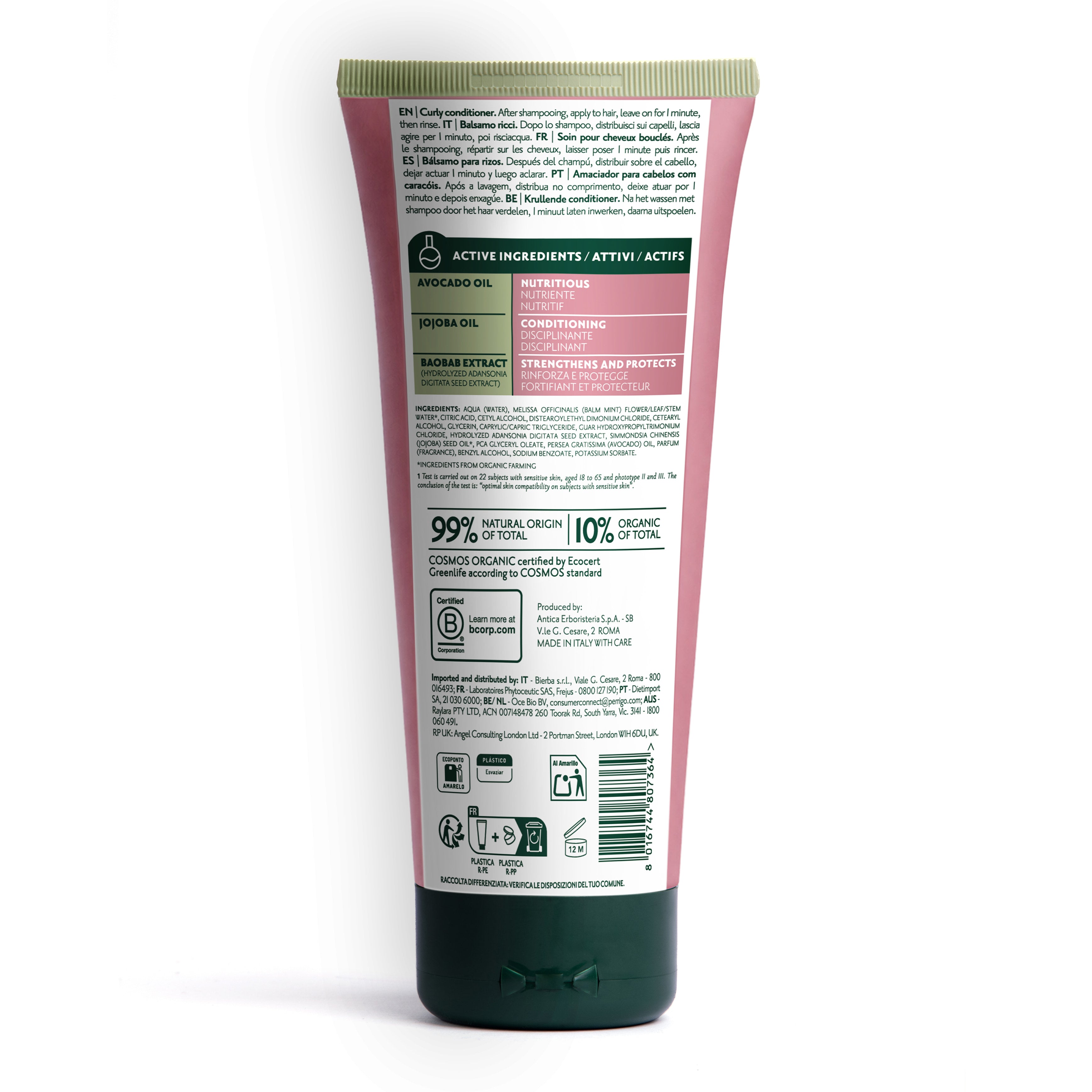 Tubetto di balsamo Herbatint Curly da 200 ml. Formula vegan con olio di avocado da economia circolare, nutre e rinforza i capelli ricci e ondulati. Dermatologicamente testato su pelli sensibili