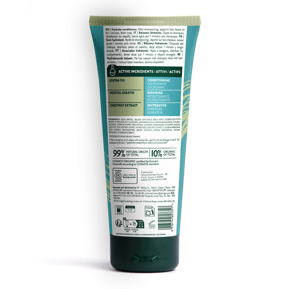 Tubetto di balsamo Herbatint Hydrate da 200 ml. Formula vegan disciplinante anti-crespo con estratto di castagna biologica e cheratina vegetale. Dermatologicamente testato su pelli sensibili