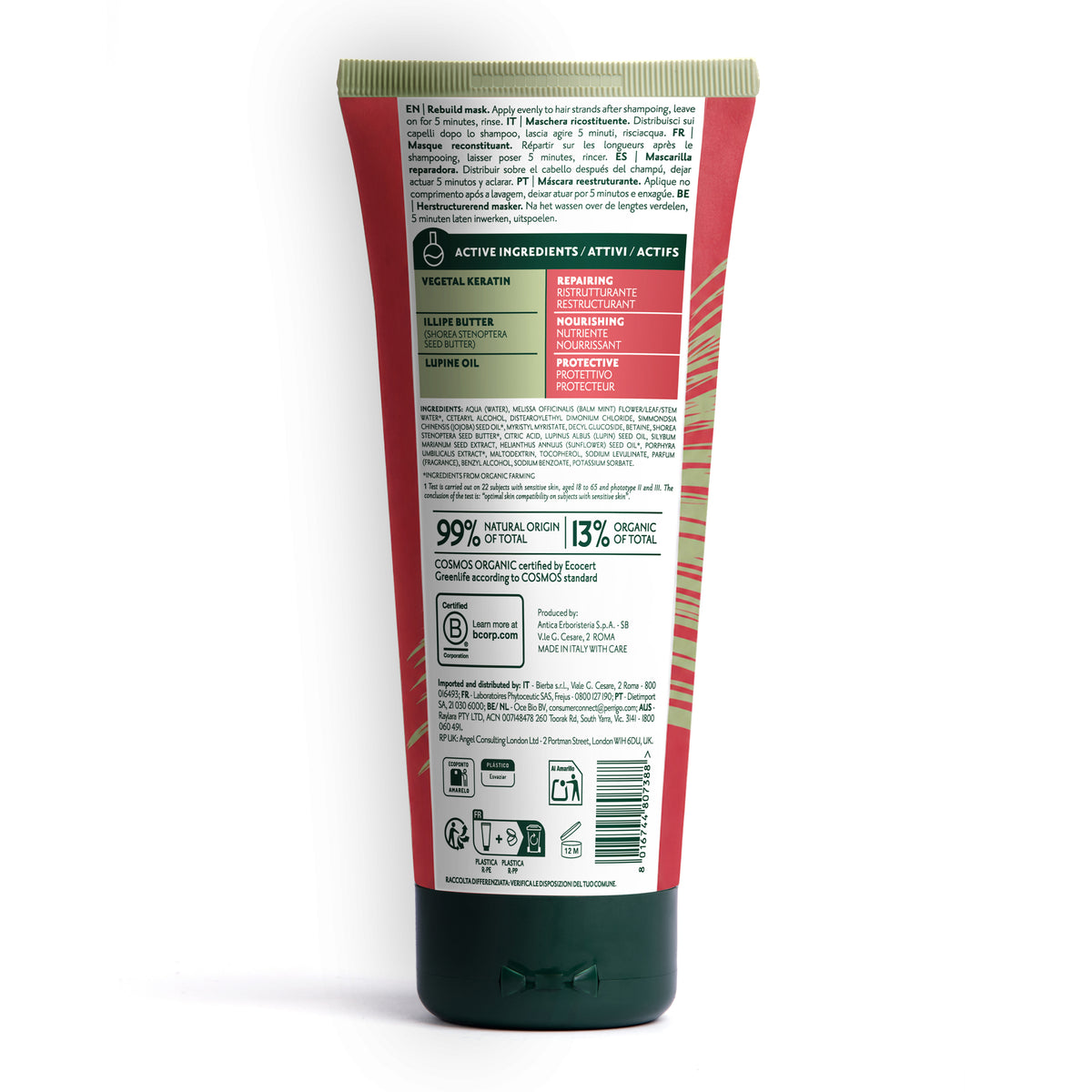 Tubetto di maschera Herbatint Rebuild Mask da 200 ml. Trattamento vegan che ristruttura, nutre e protegge con cheratina vegetale e burro di illipé proveniente da foreste sostenibili
