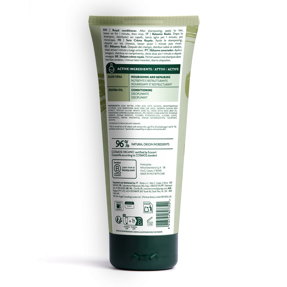 Tubetto di balsamo Herbatint Royal da 200 ml. Formula vegan con pH acido che sigilla la cuticola e illumina il colore, prolungandone la durata. Dermatologicamente testato su pelli sensibili