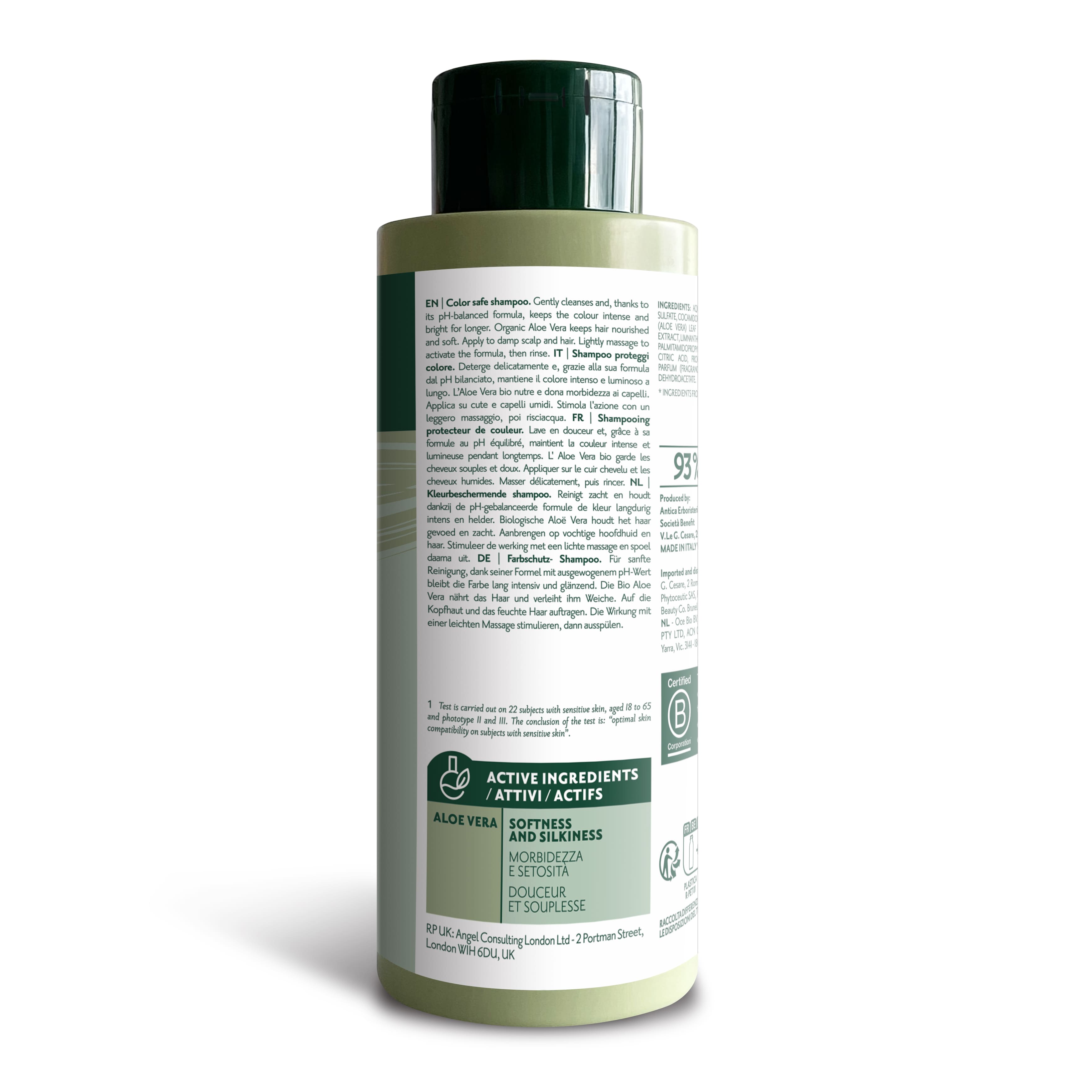 Bottiglia di shampoo Herbatint Color Safe da 260 ml. Formula vegan con pH bilanciato, studiata per proteggere ed esaltare il colore dei capelli. Dermatologicamente testato su pelli sensibili.
