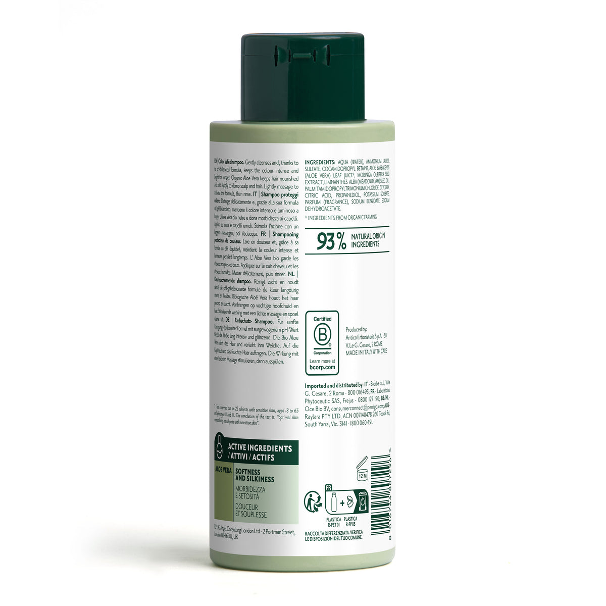 Bottiglia di shampoo Herbatint Color Safe da 260 ml. Formula vegan con pH bilanciato, studiata per proteggere ed esaltare il colore dei capelli. Dermatologicamente testato su pelli sensibili.