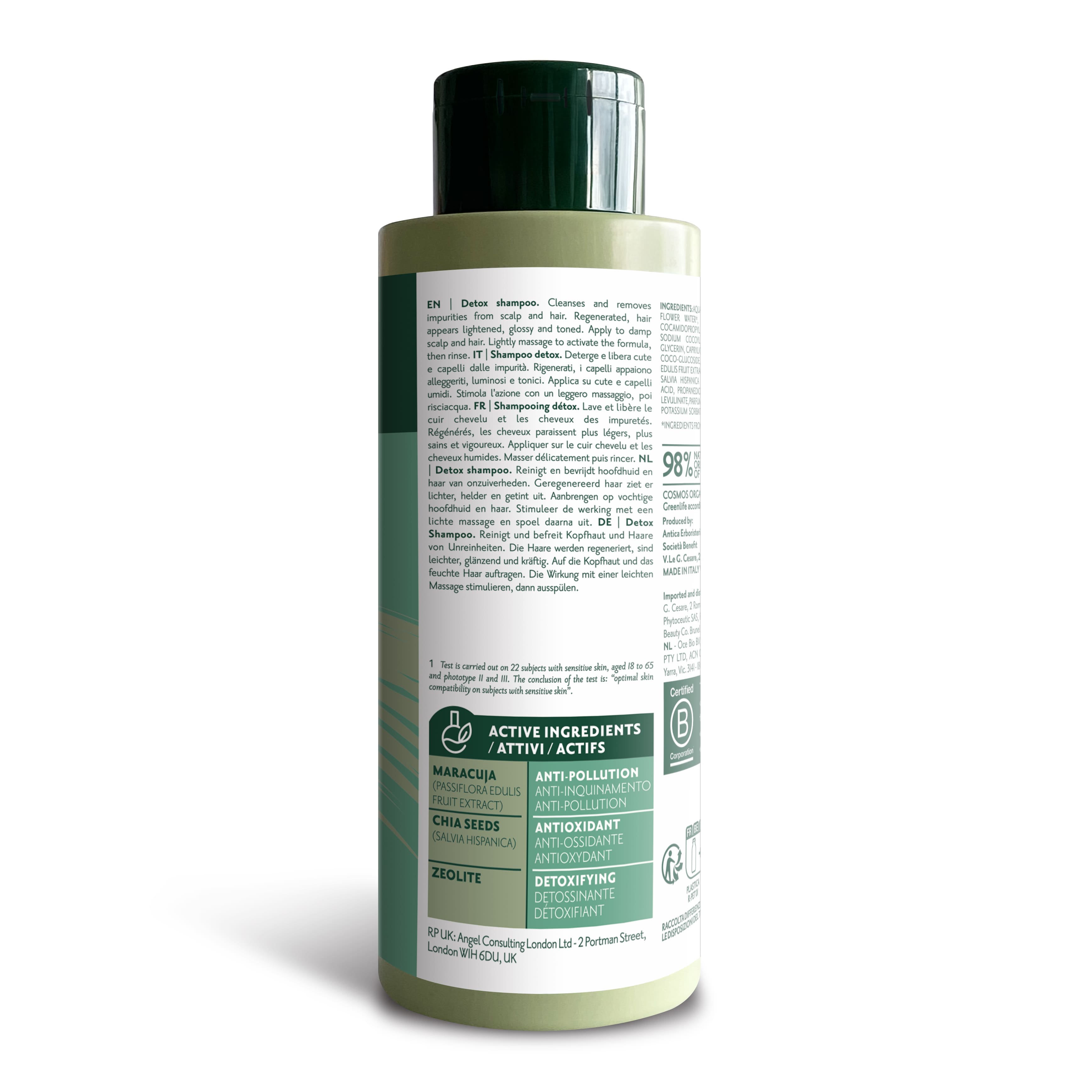 Bottiglia di shampoo Herbatint Detox da 260 ml. Formula vegan e certificata biologica con estratto di Maracuja da economia circolare. Detossifica e rivitalizza i capelli. Dermatologicamente testato su pelli sensibili