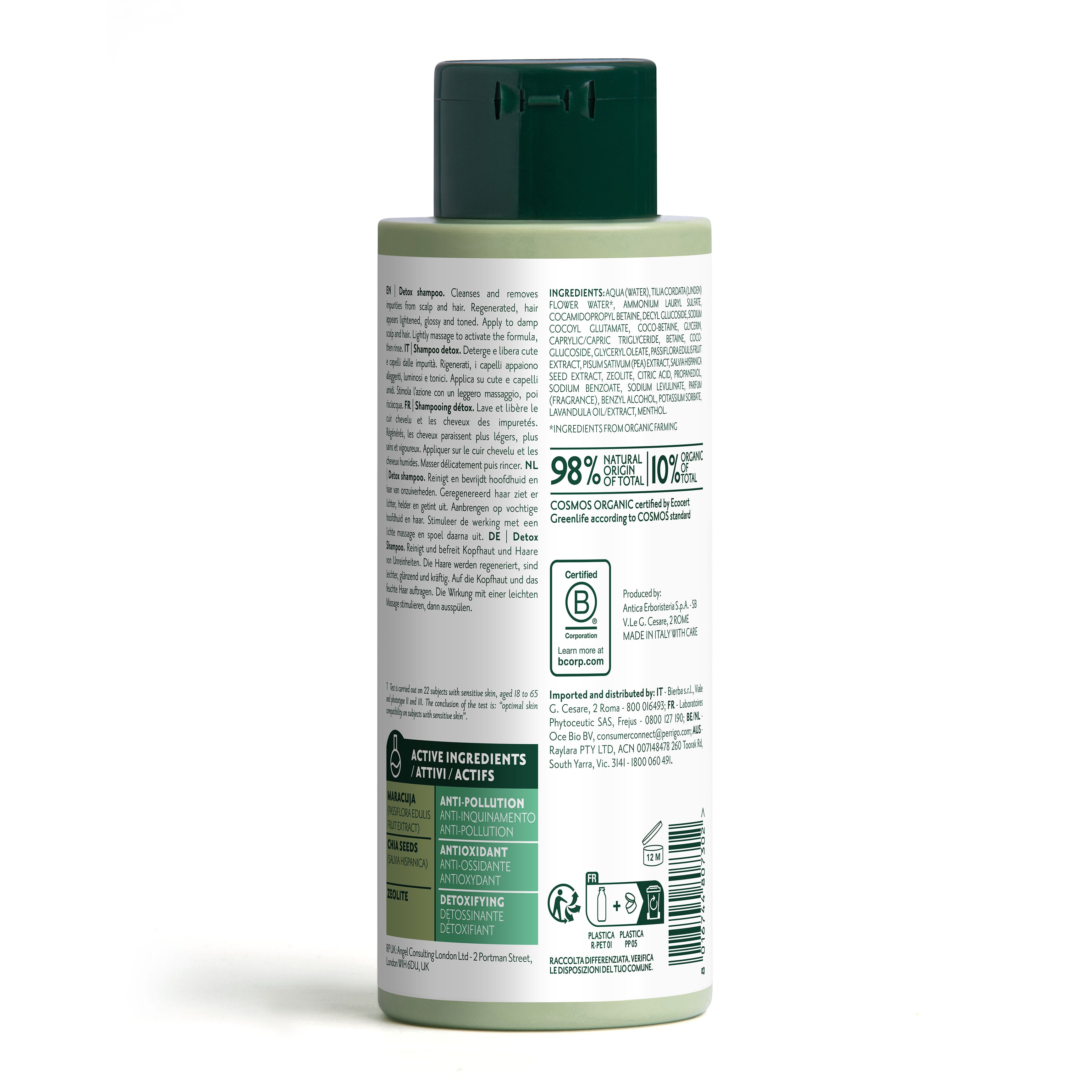 Bottiglia di shampoo Herbatint Detox da 260 ml. Formula vegan e certificata biologica con estratto di Maracuja da economia circolare. Detossifica e rivitalizza i capelli. Dermatologicamente testato su pelli sensibili