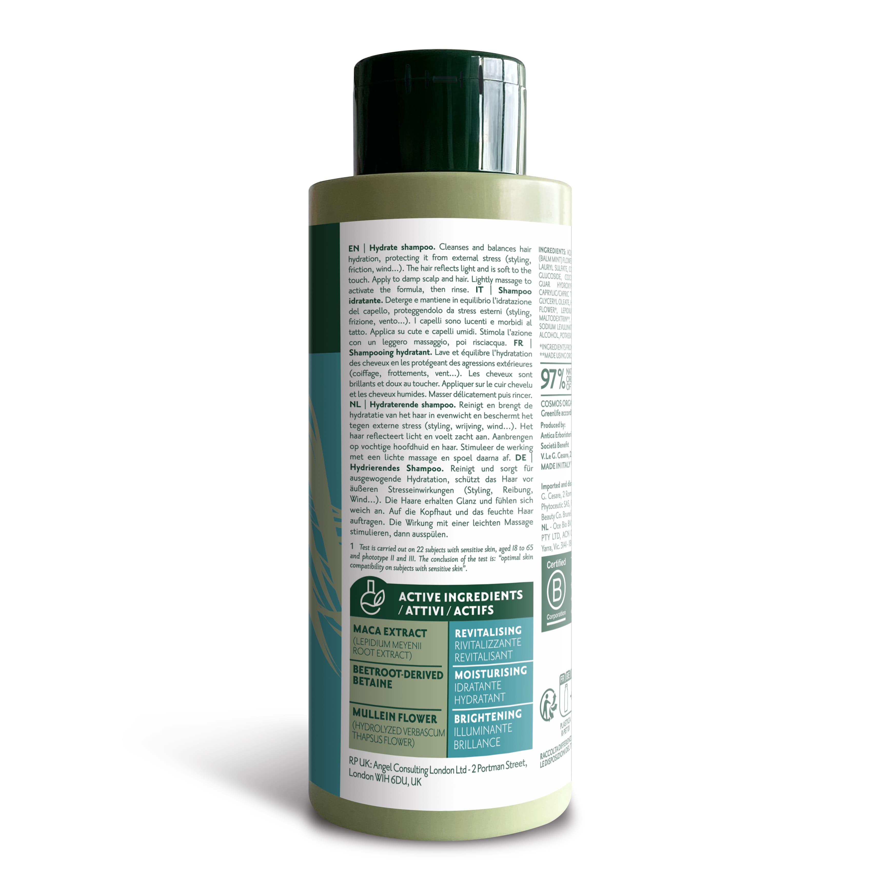 Bottiglia di shampoo Herbatint Hydrate da 260 ml. Formula vegan certificata biologica con betaina da barbabietola di economia circolare. Ultra-idratante per capelli secchi. Dermatologicamente testato su pelli sensibili