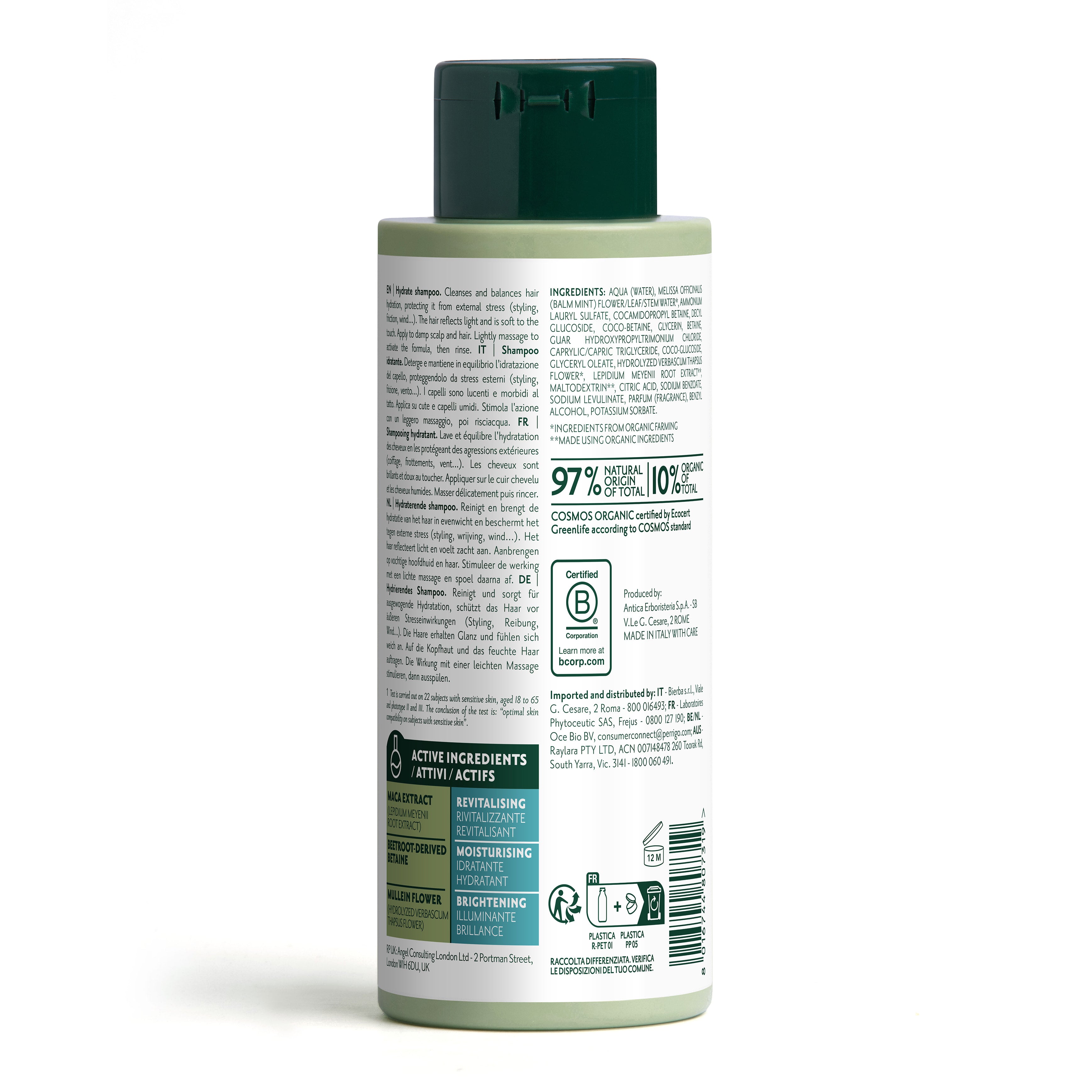Bottiglia di shampoo Herbatint Hydrate da 260 ml. Formula vegan certificata biologica con betaina da barbabietola di economia circolare. Ultra-idratante per capelli secchi. Dermatologicamente testato su pelli sensibili