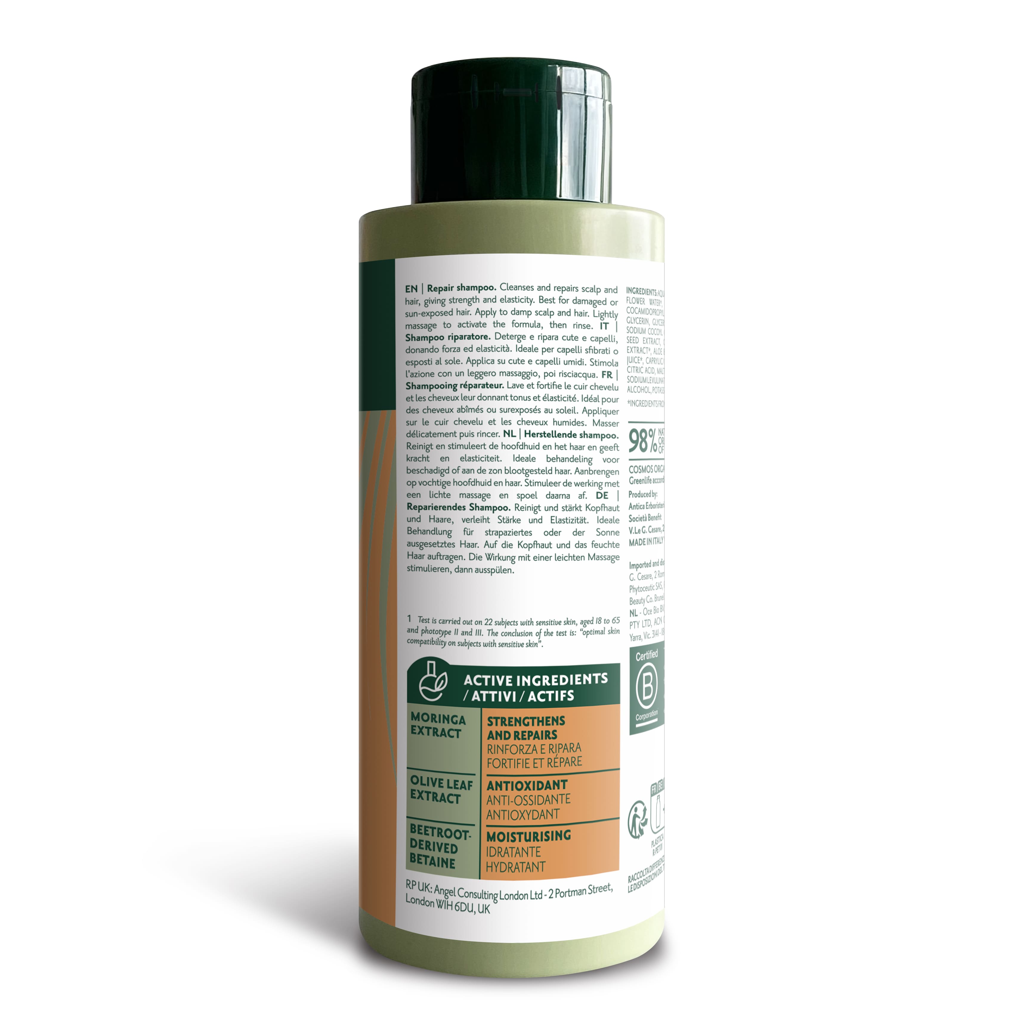 Bottiglia di shampoo Herbatint Repair da 260 ml. Formula vegan certificata biologica con estratto di foglie di ulivo da economia circolare. Rinforzante e riparatore per capelli danneggiati. Dermatologicamente testato su pelli sensibili