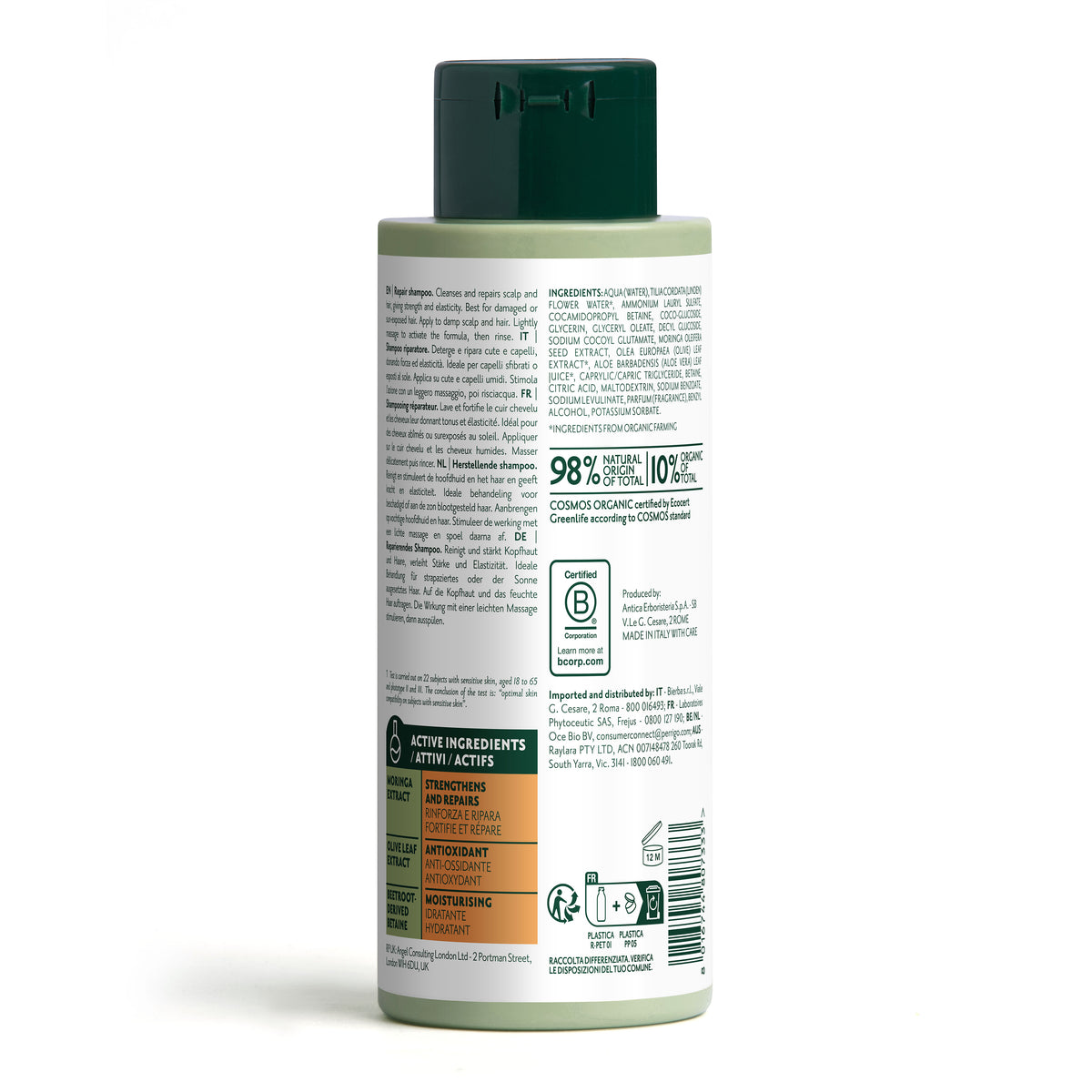 Bottiglia di shampoo Herbatint Repair da 260 ml. Formula vegan certificata biologica con estratto di foglie di ulivo da economia circolare. Rinforzante e riparatore per capelli danneggiati. Dermatologicamente testato su pelli sensibili