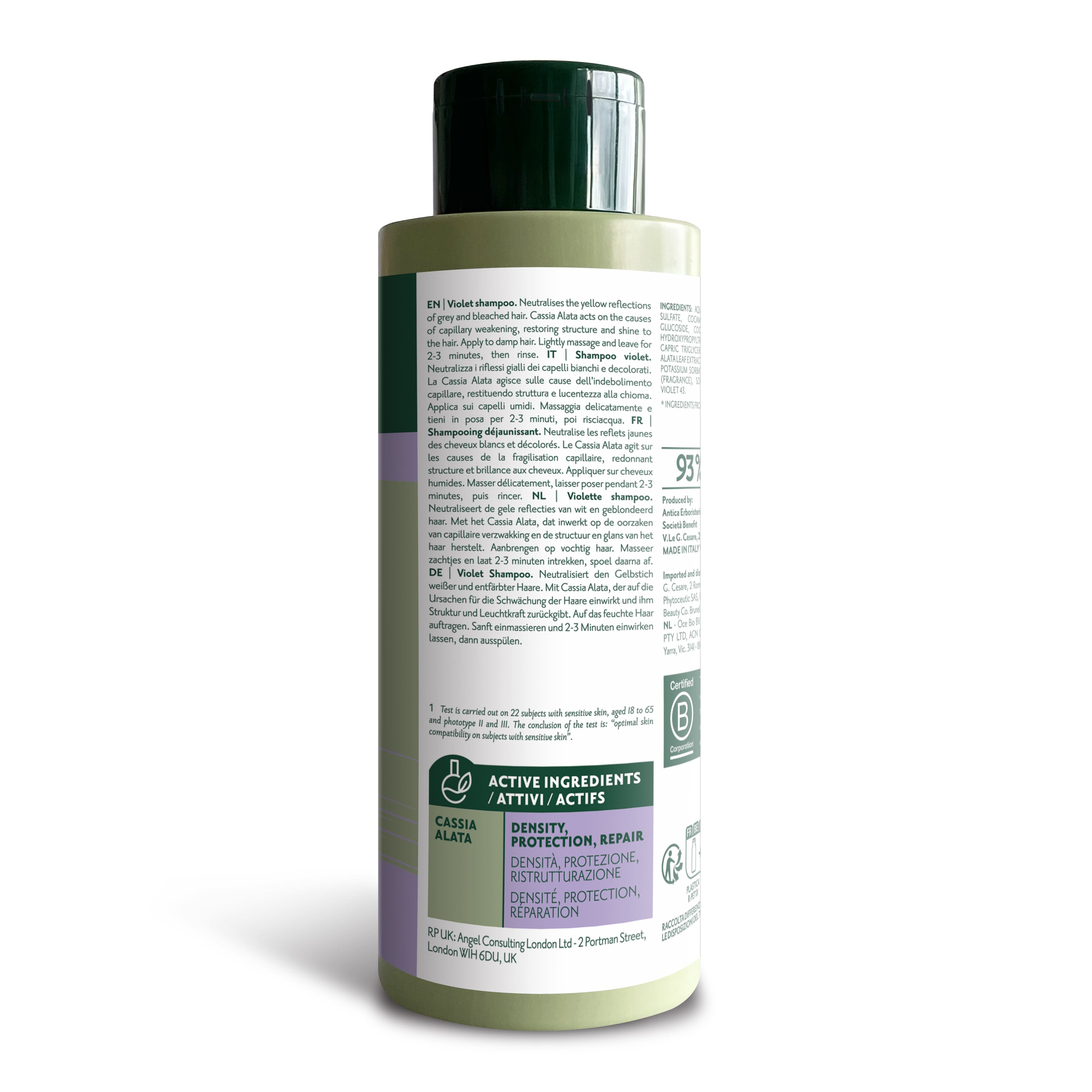 Bottiglia di shampoo Herbatint Violet da 260 ml. Formula vegan che neutralizza i riflessi gialli dei capelli bianchi e decolorati. Contiene Cassia Alata con proprietà anti-age e antiossidanti. Dermatologicamente testato su pelli sensibili