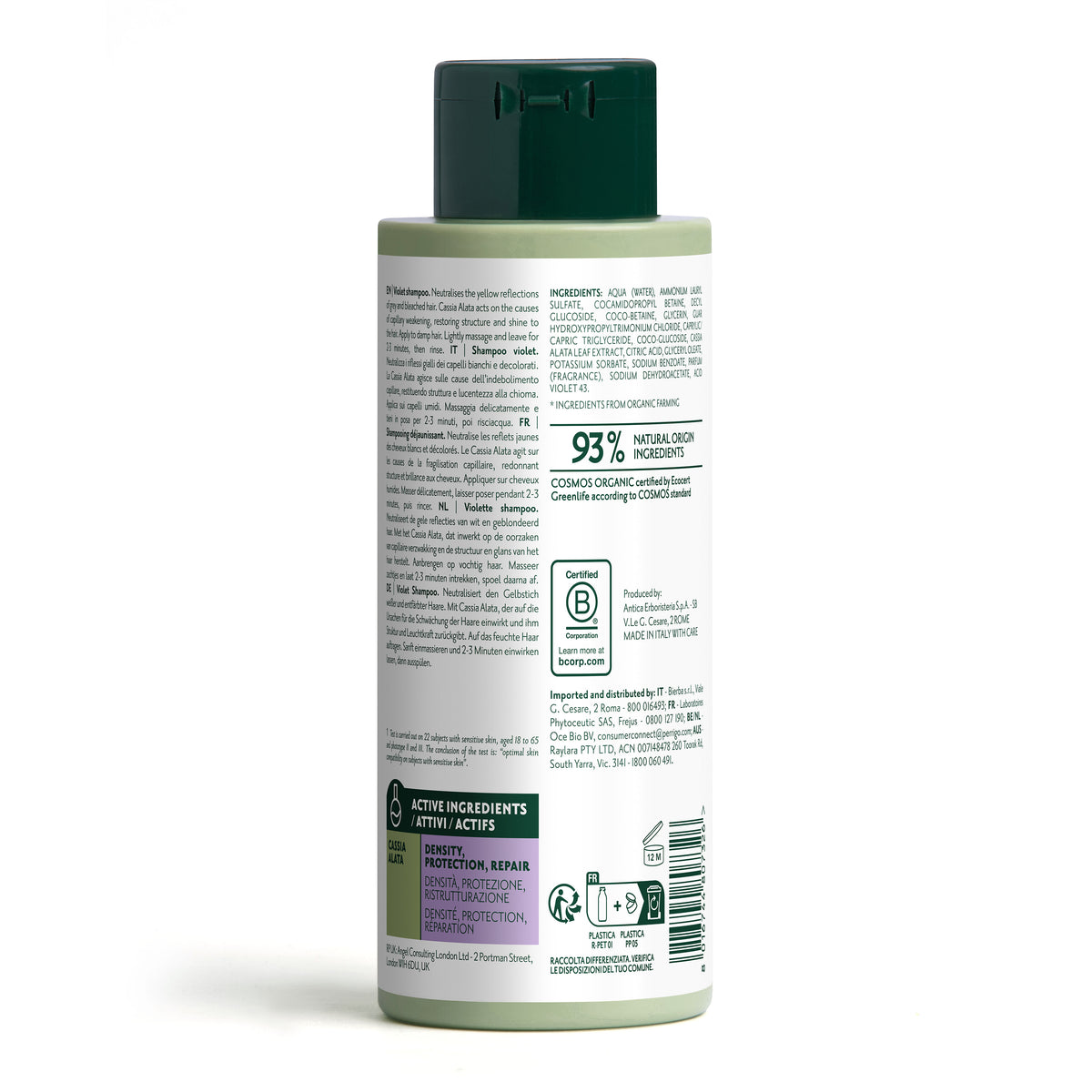 Bottiglia di shampoo Herbatint Violet da 260 ml. Formula vegan che neutralizza i riflessi gialli dei capelli bianchi e decolorati. Contiene Cassia Alata con proprietà anti-age e antiossidanti. Dermatologicamente testato su pelli sensibili