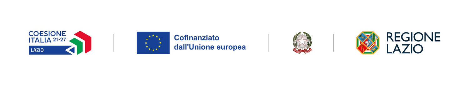 Quattro loghi disposti su un sfondo bianco: Coesione Italia 21-27 Lazio, Cofinanziato dall'Unione europea, Ministero, Regione Lazio