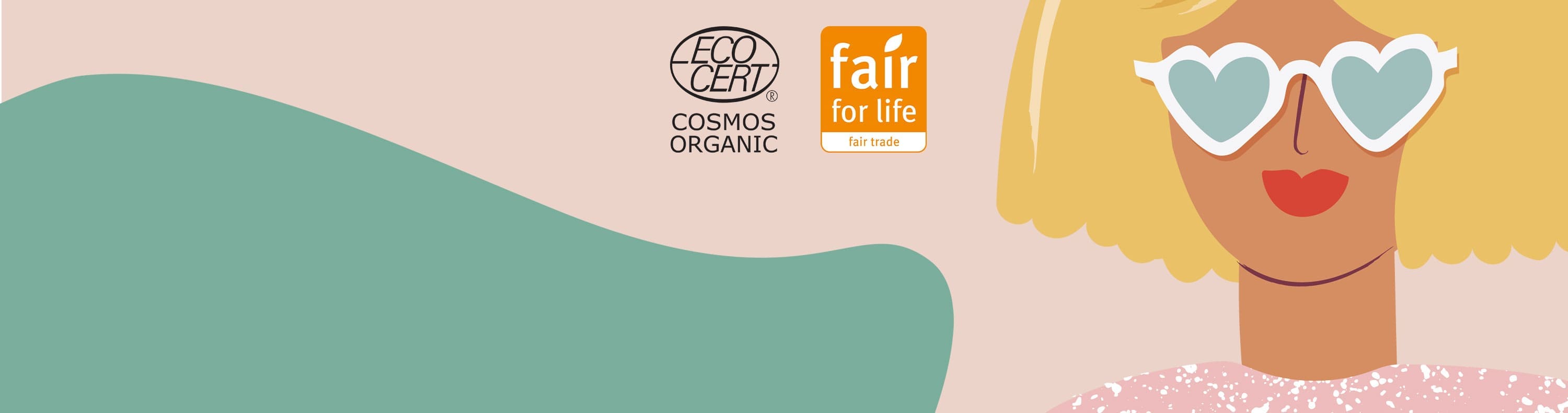 Illustrazione con donna bionda con occhiali a cuore, certificazioni Cosmos Organic e Fair for Life per la colorazione vegetale Herbatint