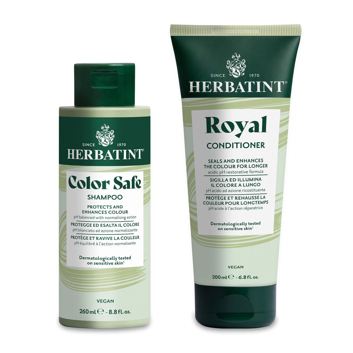 Champú Color Safe y acondicionador Royal de Herbatint con ingredientes naturales y pH equilibrado para proteger y prolongar el color del cabello