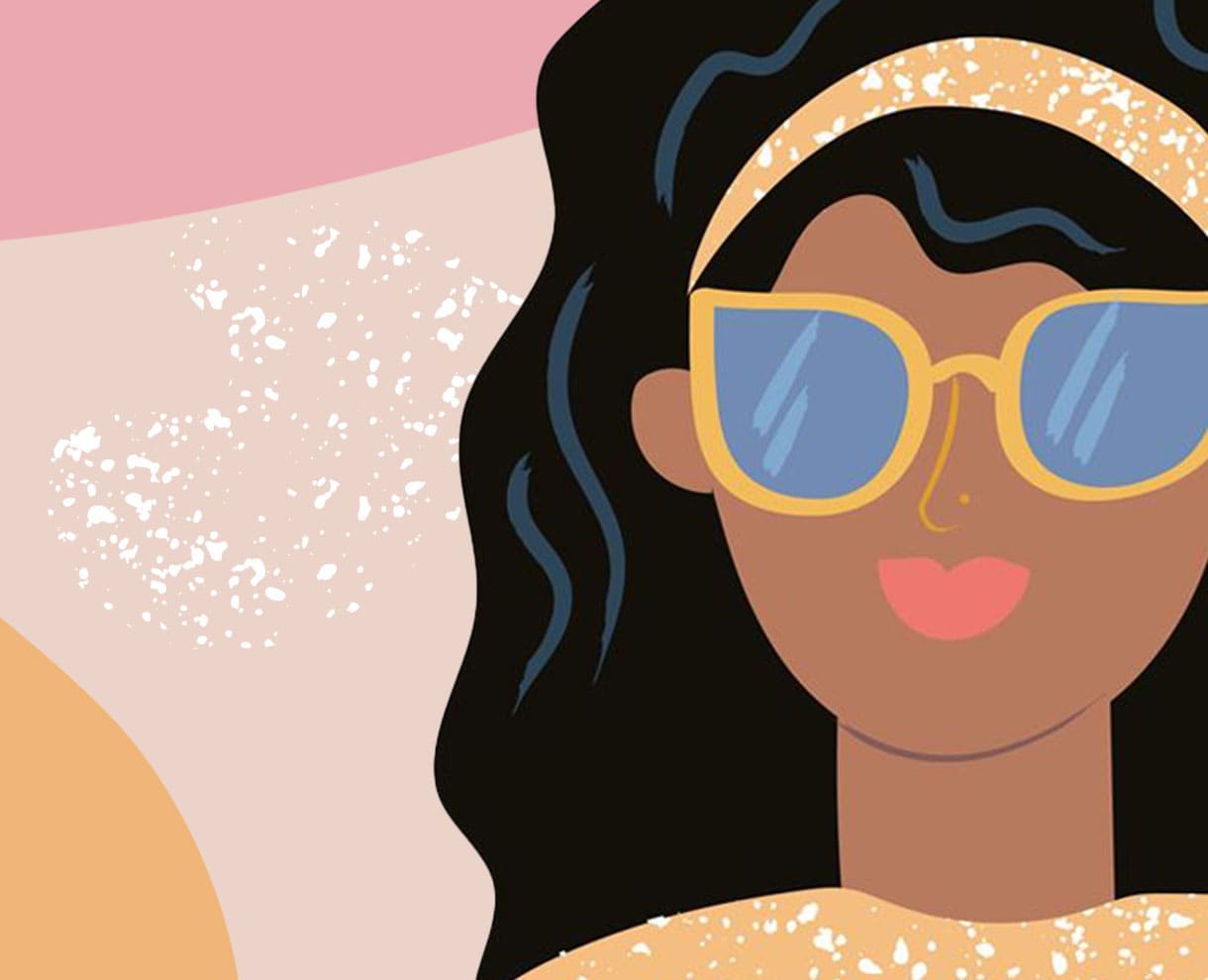 Illustrazione colorata di una donna con capelli neri e occhiali da sole gialli, utilizzata per introdurre le domande frequenti sulla tintura vegetale per capelli