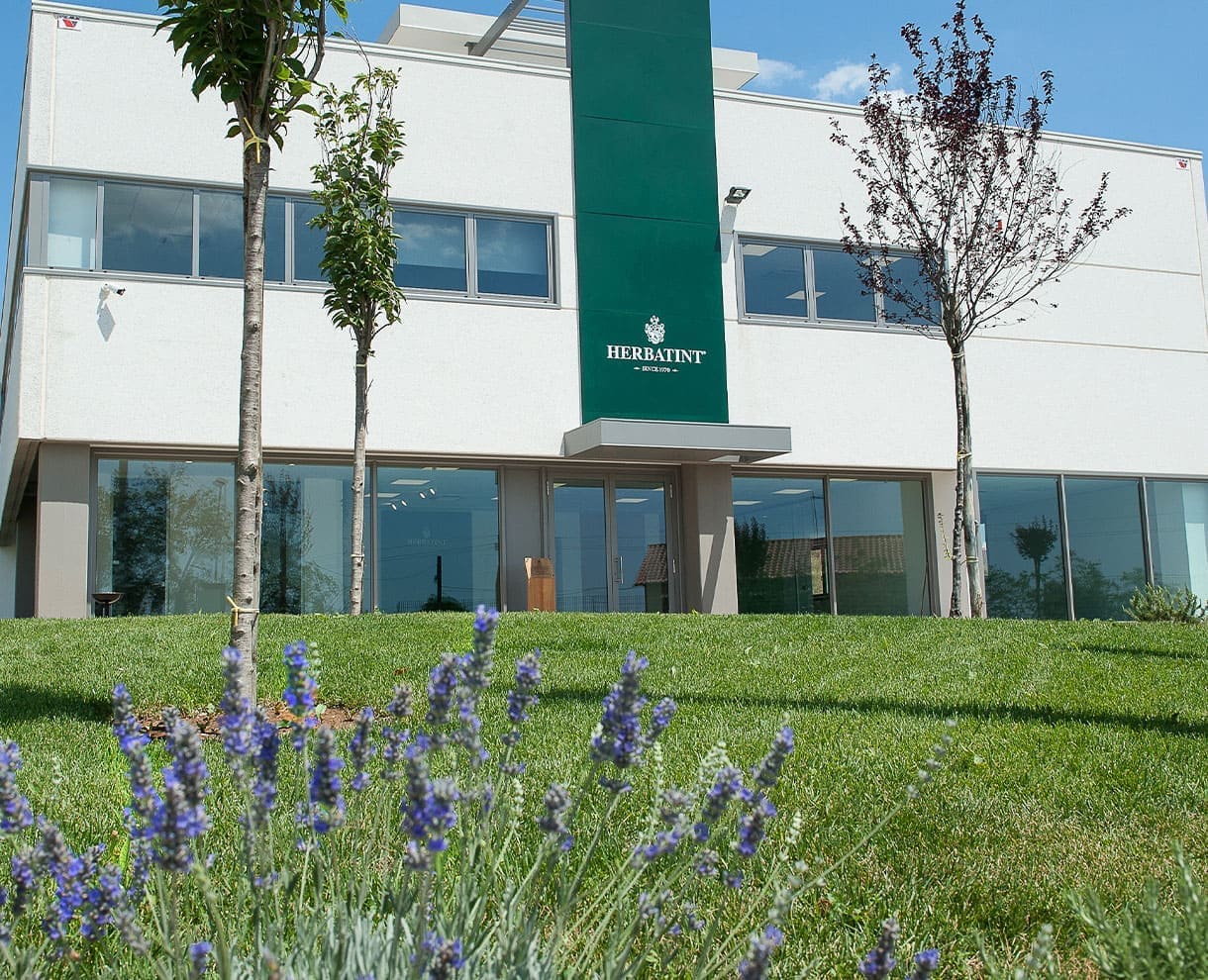 Fassade des Herbatint-Firmensitzes, ein modernes Gebäude mit Glasfenstern und grünem Logo, umgeben von Grünflächen mit Lavendel im Vordergrund