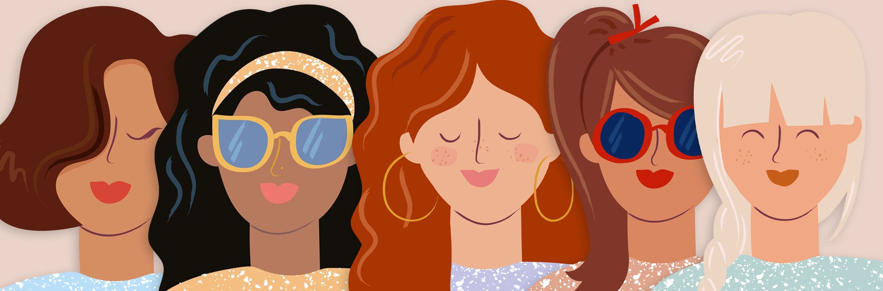 Ilustração de cinco modelos com diferentes cores de cabelo para representar a variedade da coloração vegetal Herbatint