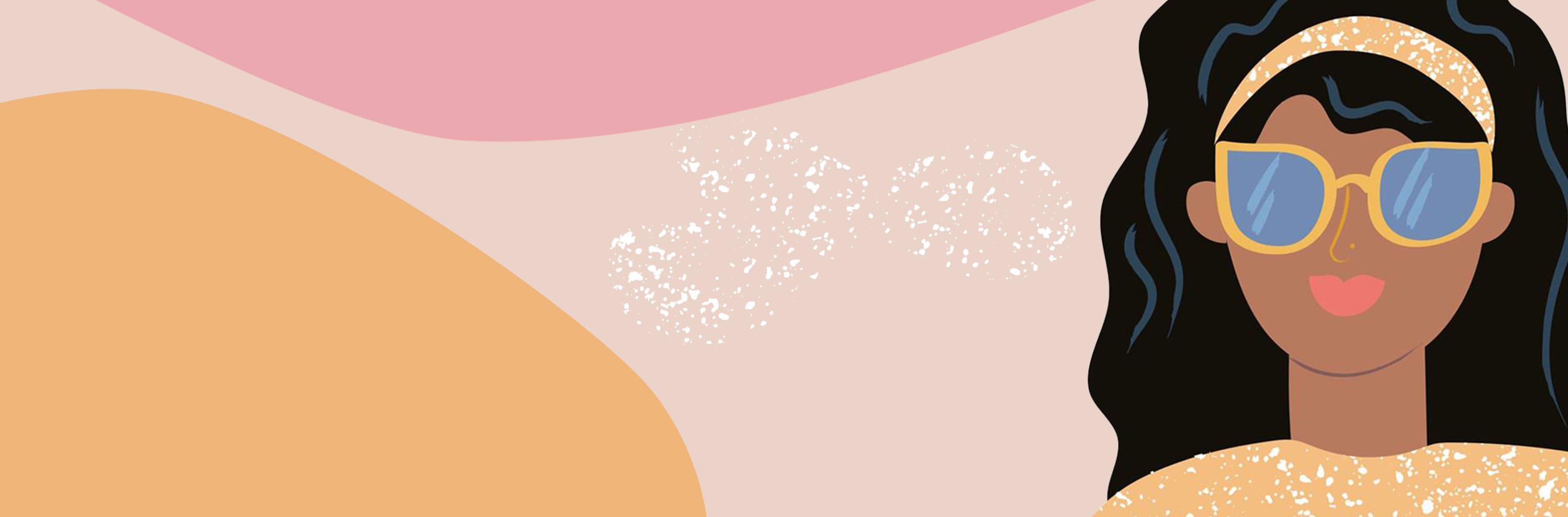 Femme à la peau foncée avec de longs cheveux noirs et des lunettes de soleil jaunes sur un fond pêche et rose, indiquant la section FAQ sur la coloration végétale