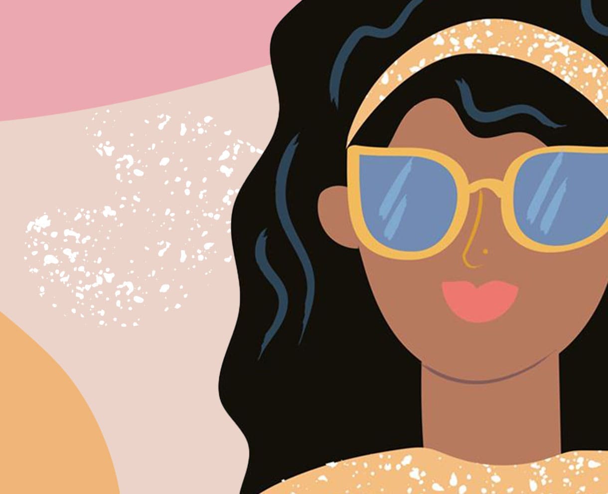 Woman with black hair and yellow sunglasses on a colorful background, introducing the FAQs on vegetal hair dye