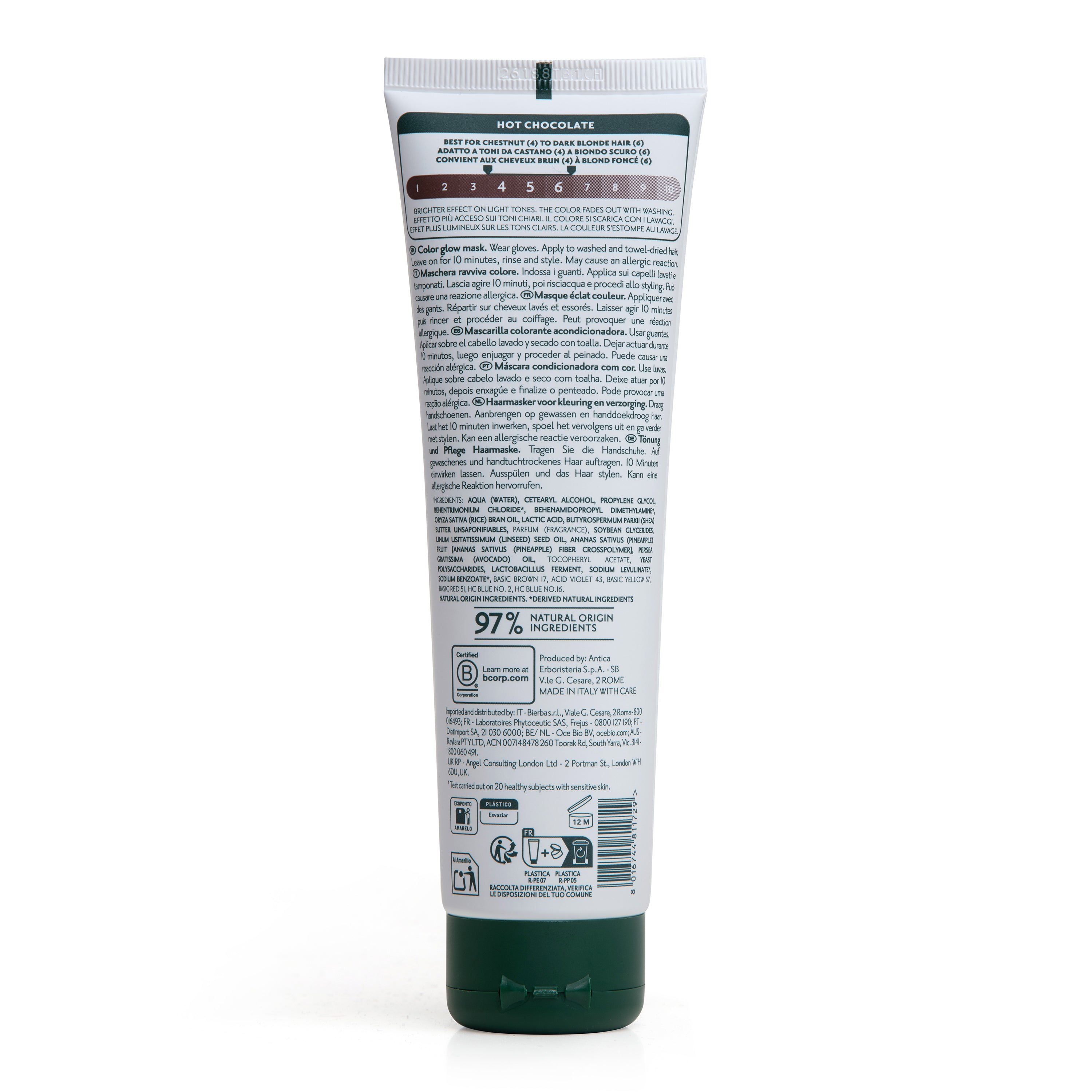 Retro tubetto maschera colorante per capelli Herbatint Hot Chocolate da 150 ml. Formula vegan, testato su pelle sensibile, 97% ingredienti di origine naturale
