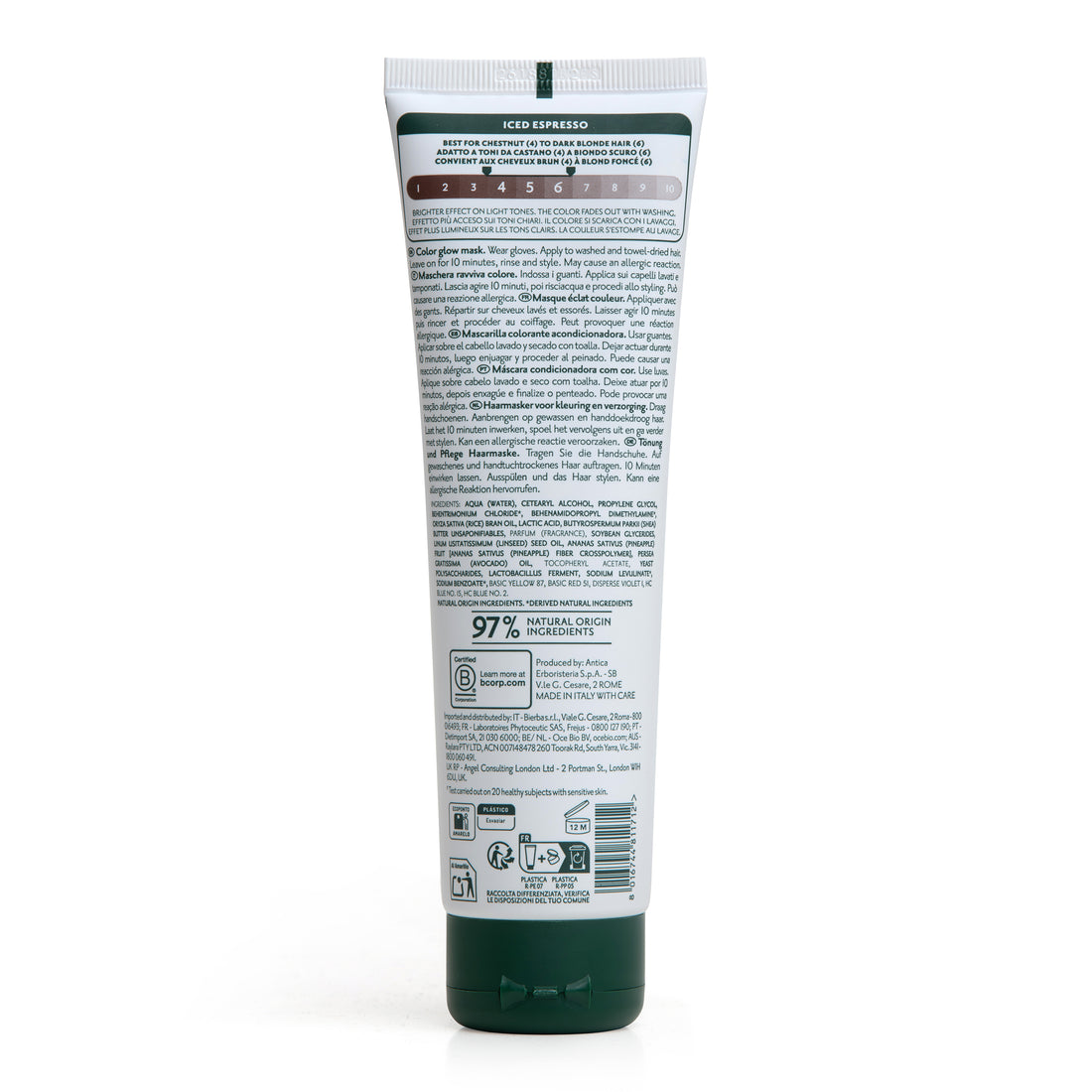Retro tubetto maschera colorante per capelli Herbatint Iced Espresso da 150 ml. Formula vegan, testato su pelle sensibile, 97% ingredienti di origine naturale
