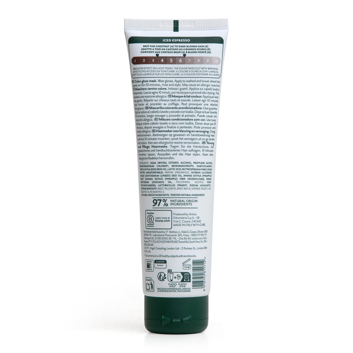 Retro tubetto maschera colorante per capelli Herbatint Iced Espresso da 150 ml. Formula vegan, testato su pelle sensibile, 97% ingredienti di origine naturale