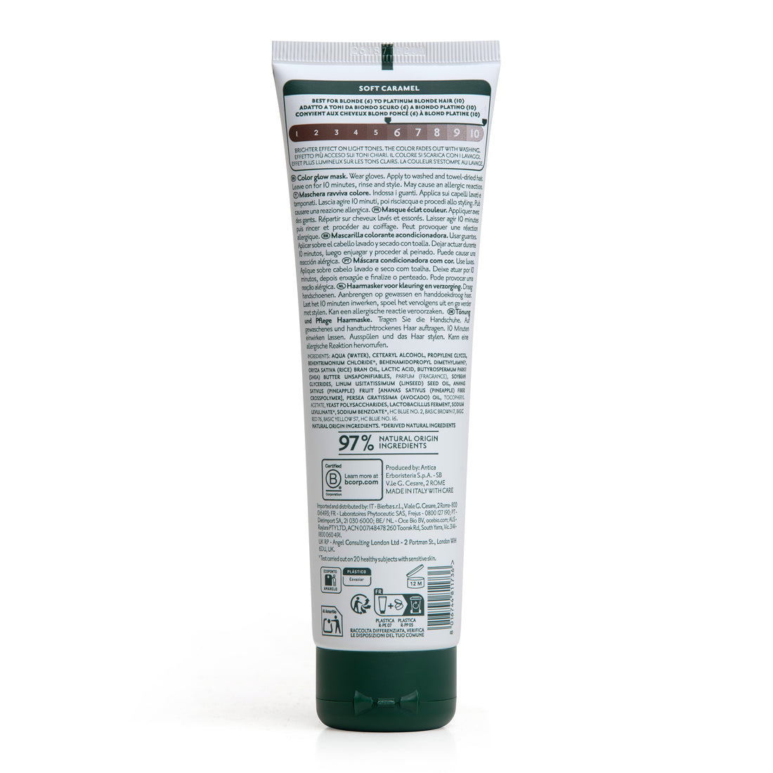 Retro tubetto maschera colorante per capelli Herbatint Soft Caramel da 150 ml. Formula vegan, testato su pelle sensibile, 97% ingredienti di origine naturale