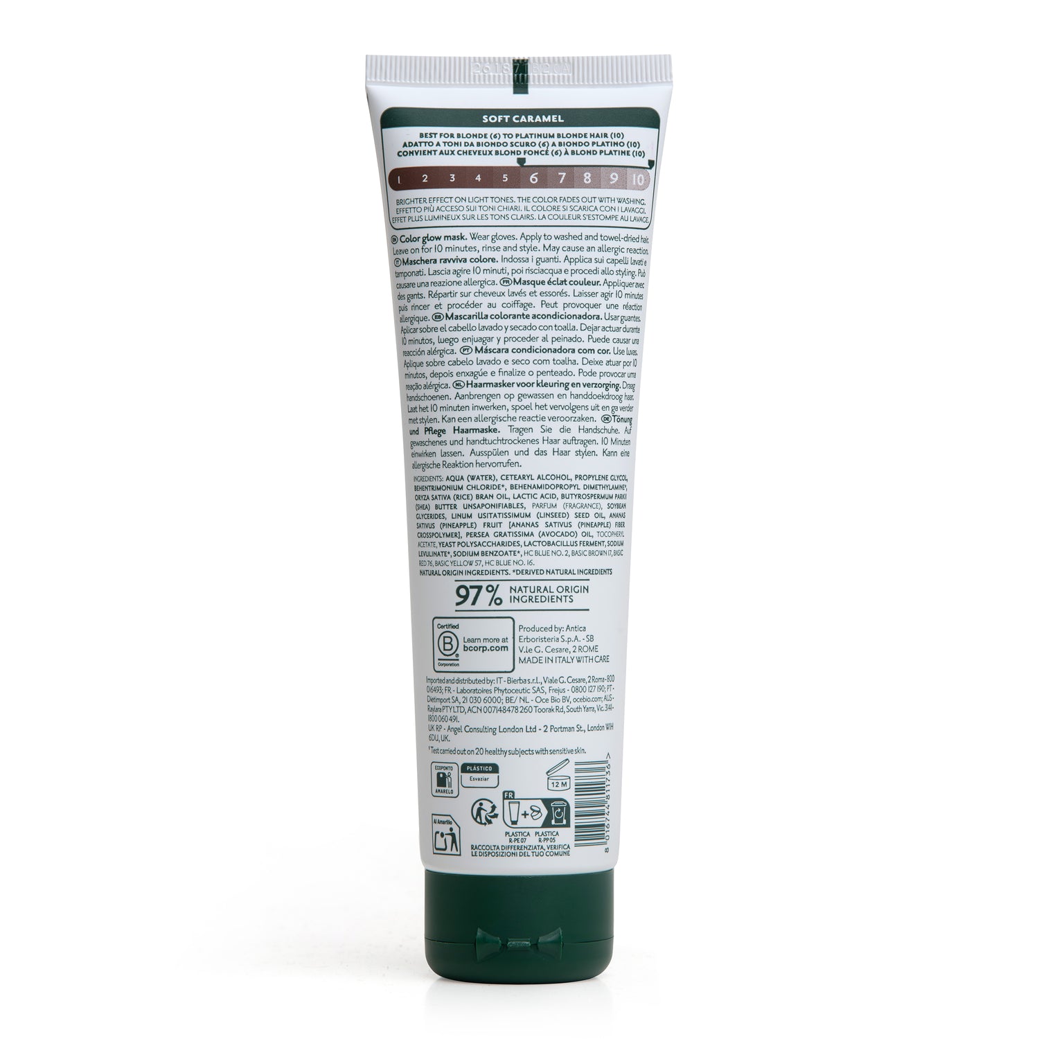 Retro tubetto maschera colorante per capelli Herbatint Soft Caramel da 150 ml. Formula vegan, testato su pelle sensibile, 97% ingredienti di origine naturale