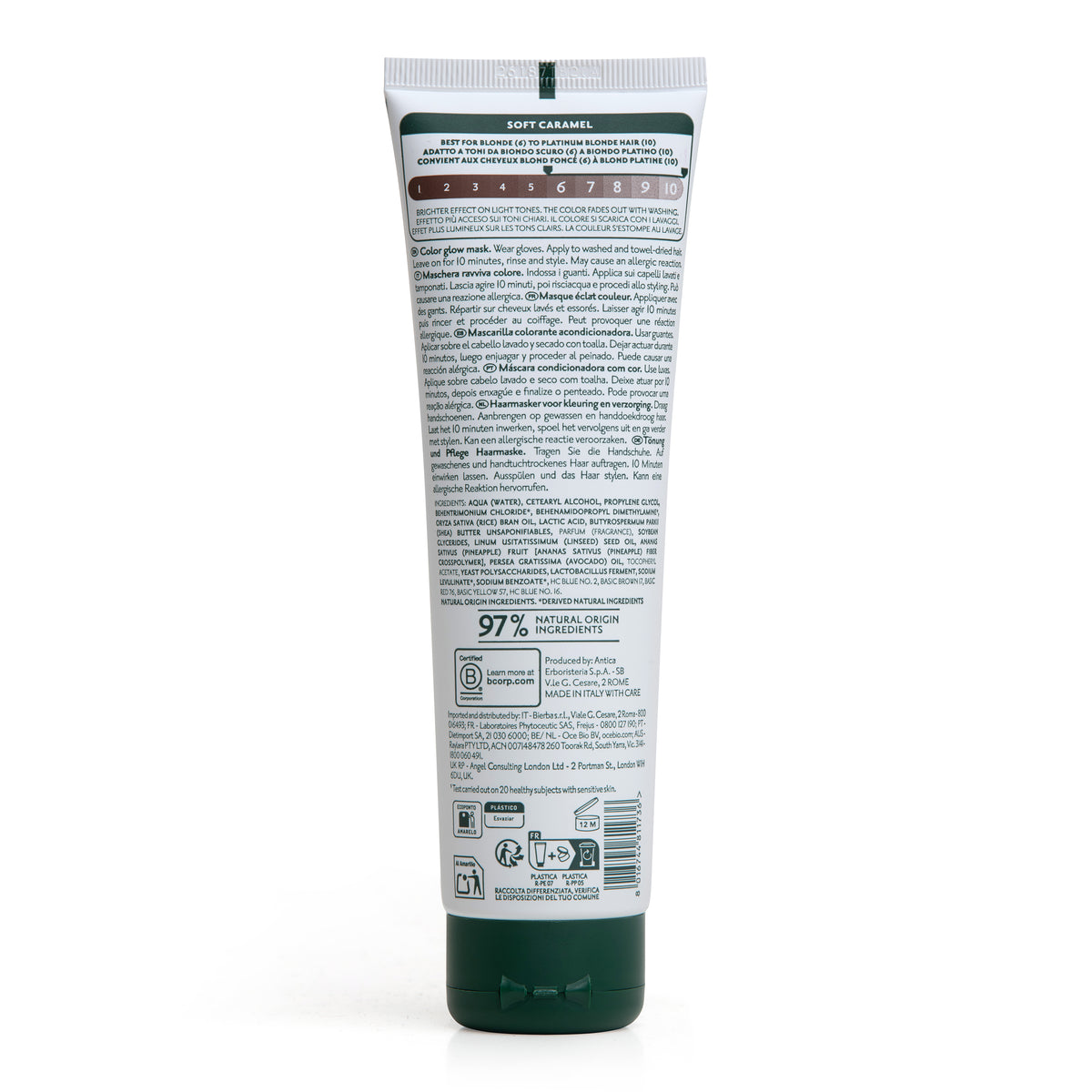 Retro tubetto maschera colorante per capelli Herbatint Soft Caramel da 150 ml. Formula vegan, testato su pelle sensibile, 97% ingredienti di origine naturale