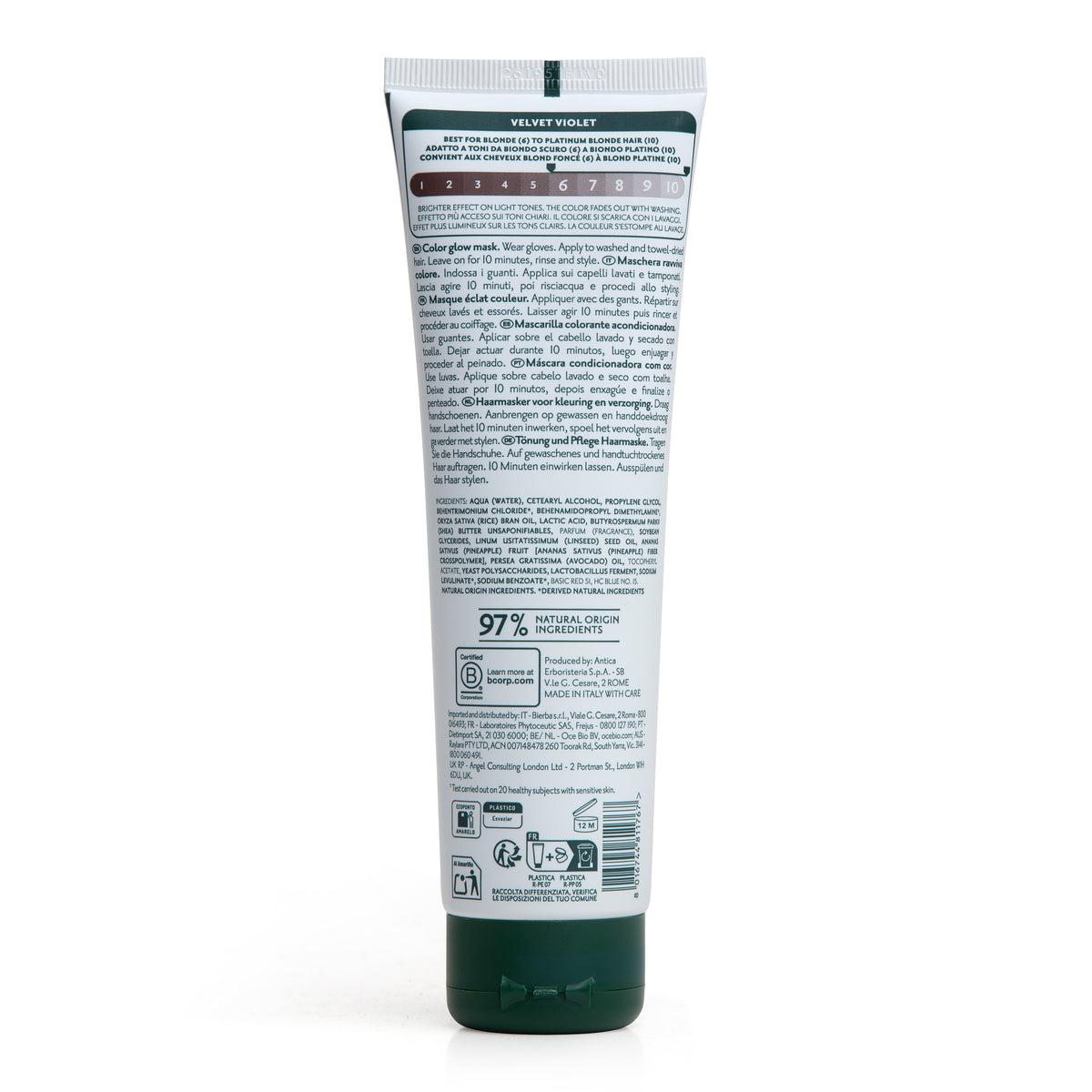 Retro tubetto maschera colorante per capelli Herbatint Velvet Violet da 150 ml. Formula vegan, testato su pelle sensibile, 97% ingredienti di origine naturale