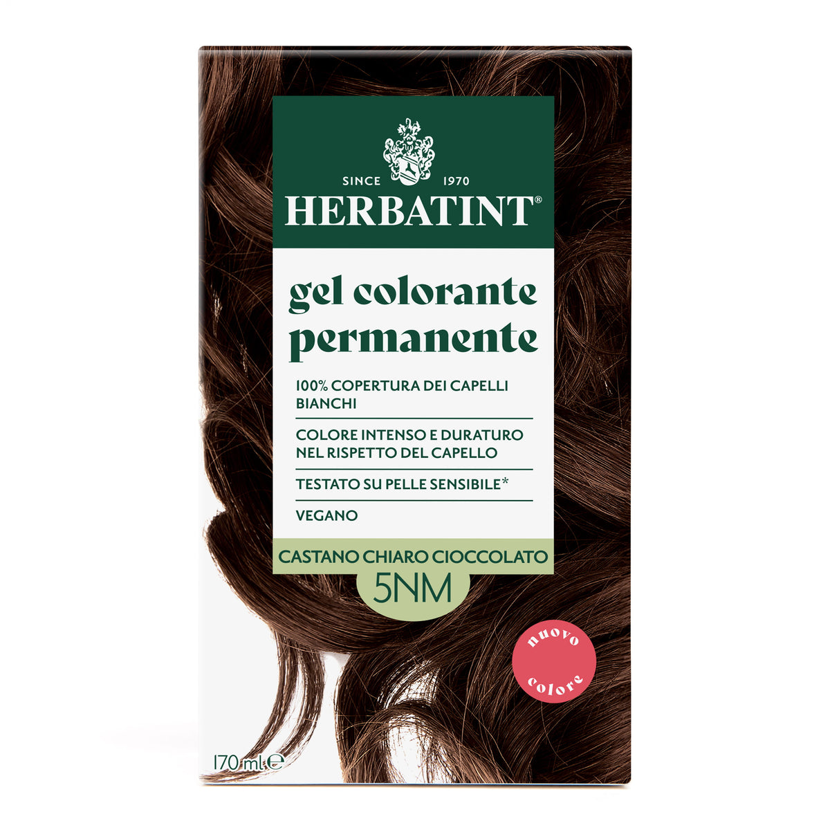 Confezione della colorazione per capelli senza ammoniaca permanente Herbatint 5NM Castano Chiaro Cioccolato