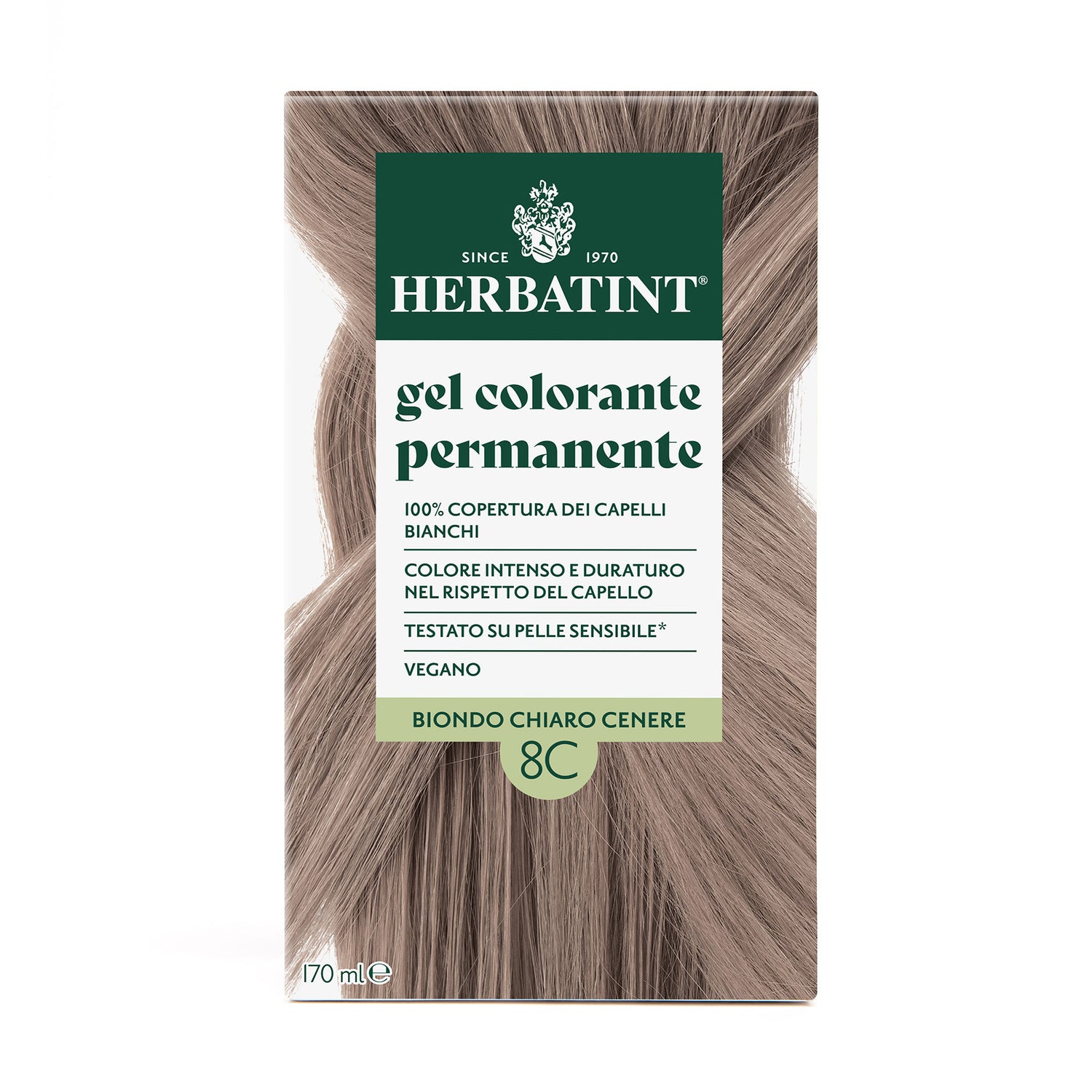 Confezione della colorazione per capelli senza ammoniaca permanente Herbatint 8C Biondo Chiaro Cenere