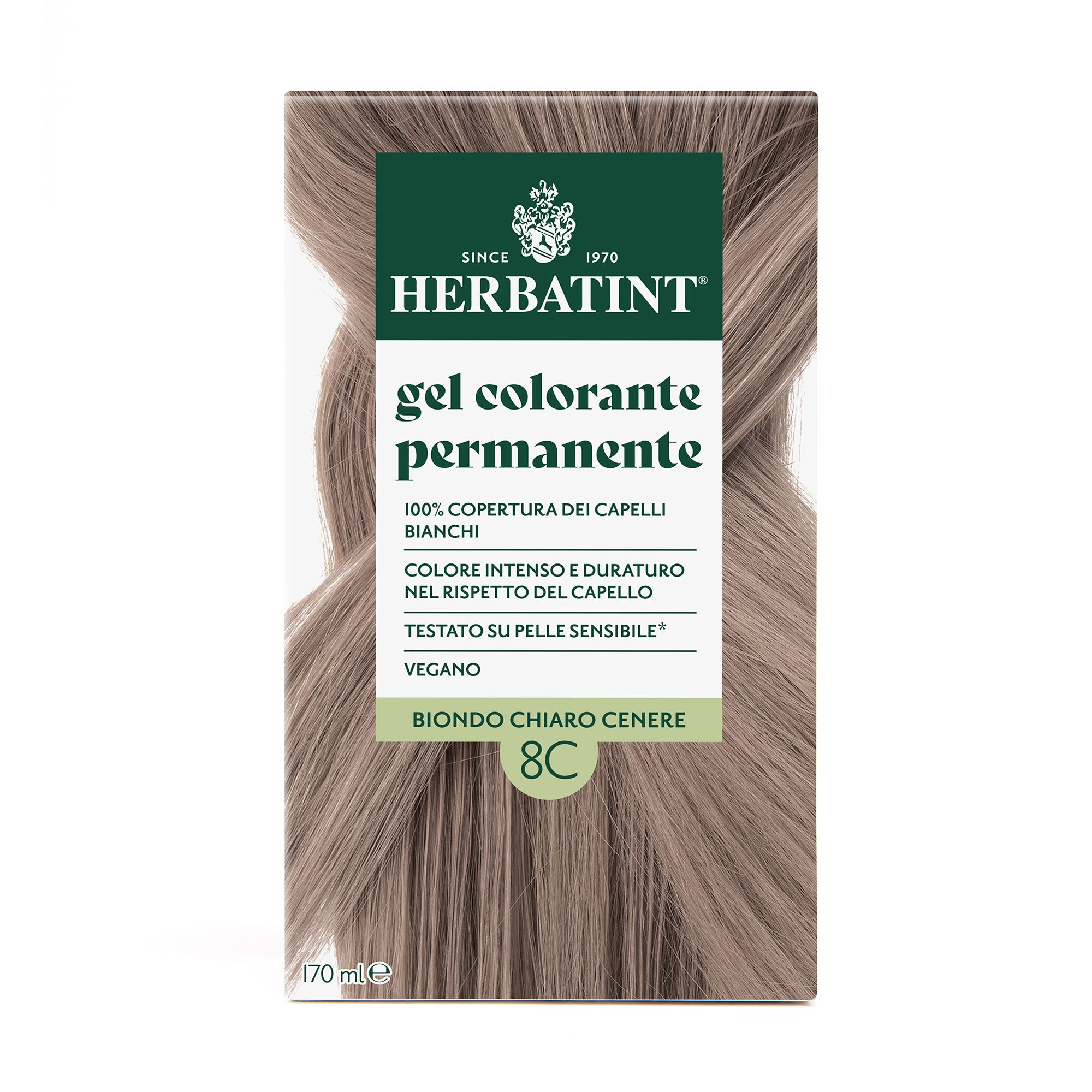 Confezione della colorazione per capelli senza ammoniaca permanente Herbatint 8C Biondo Chiaro Cenere