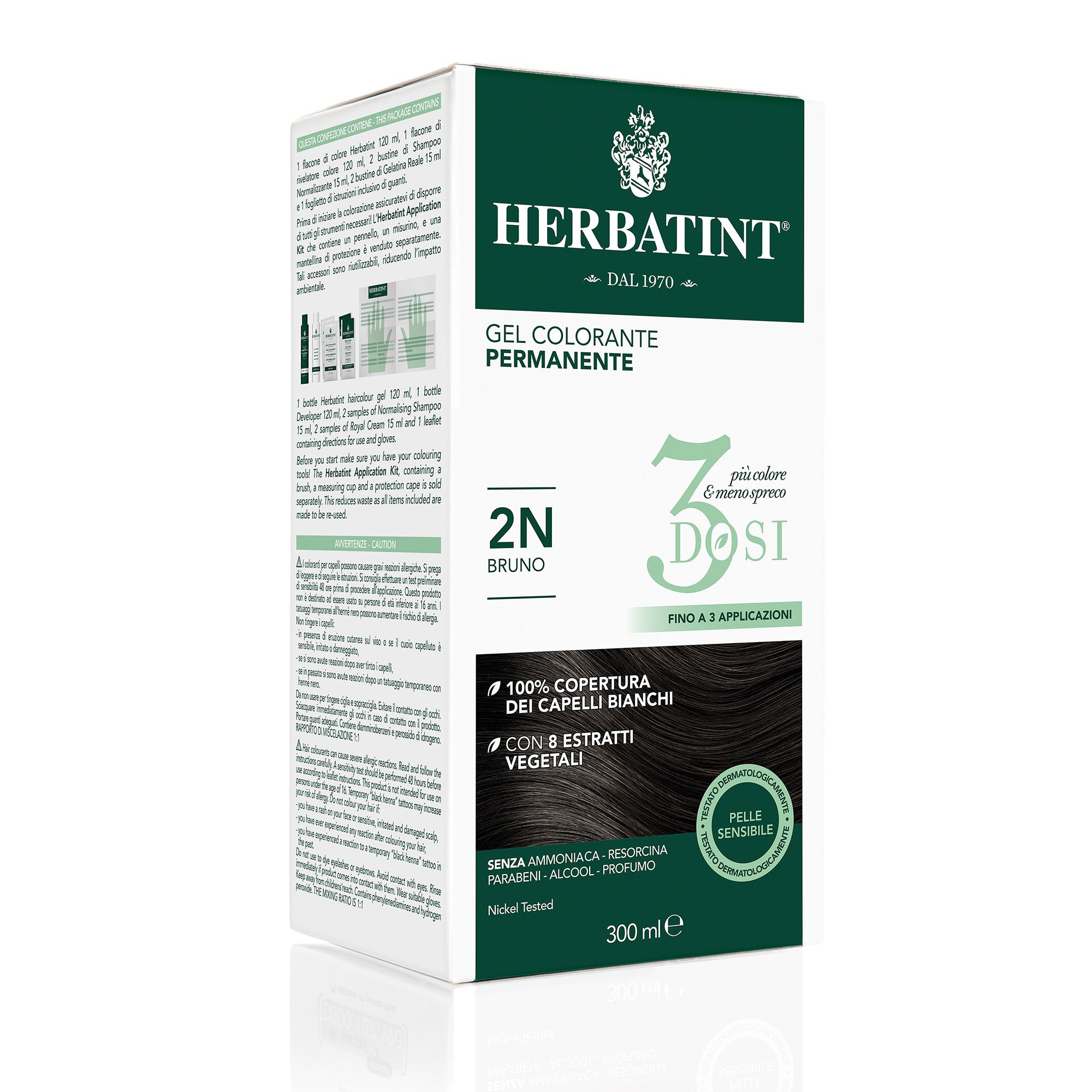 Permanente Haarkleuring 3Dosi 2N Bruin, 300 ml