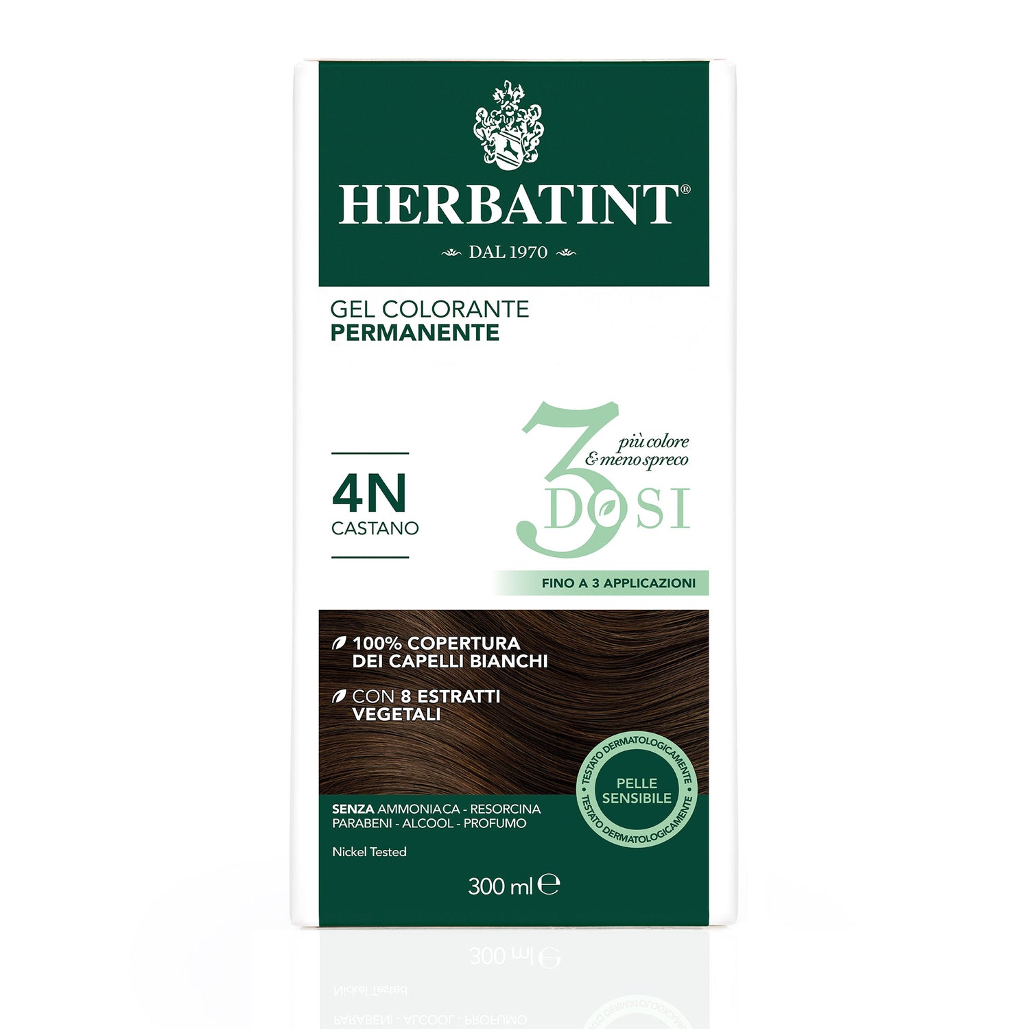 Permanente Haarkleuring 3Dosi 4N Kastanje, 300 ml