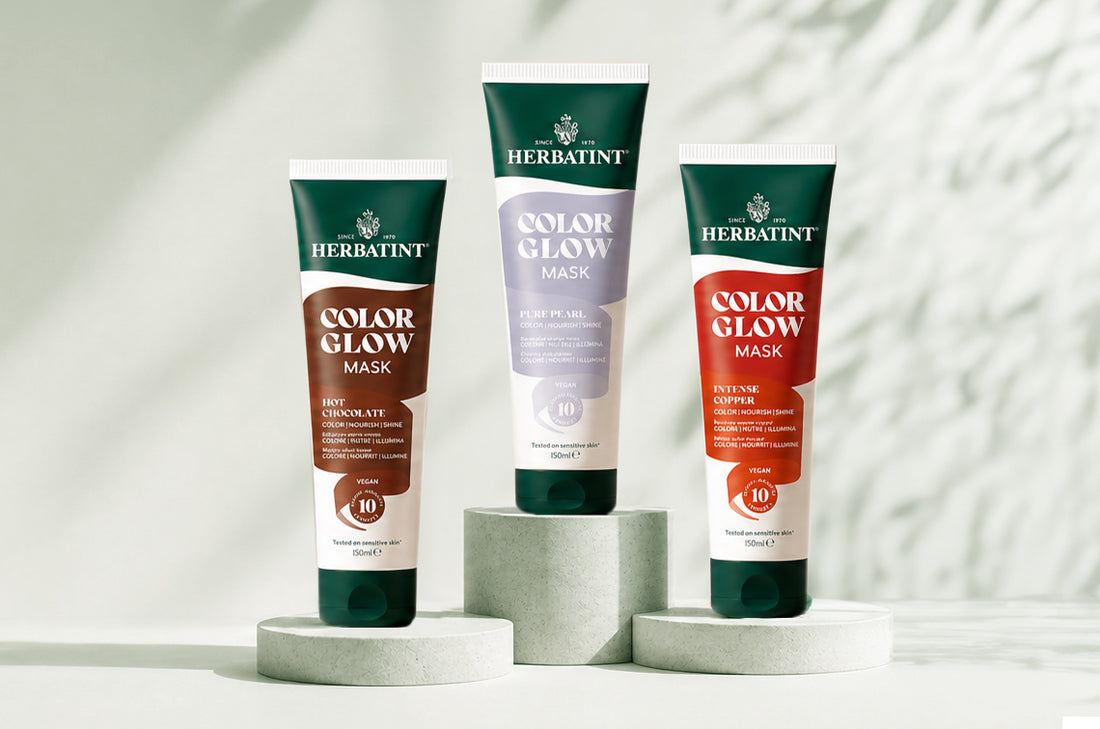 Tre Color Glow Mask Herbatint nelle tonalità Hot Chocolate, Pure Pearl e Intense Copper.