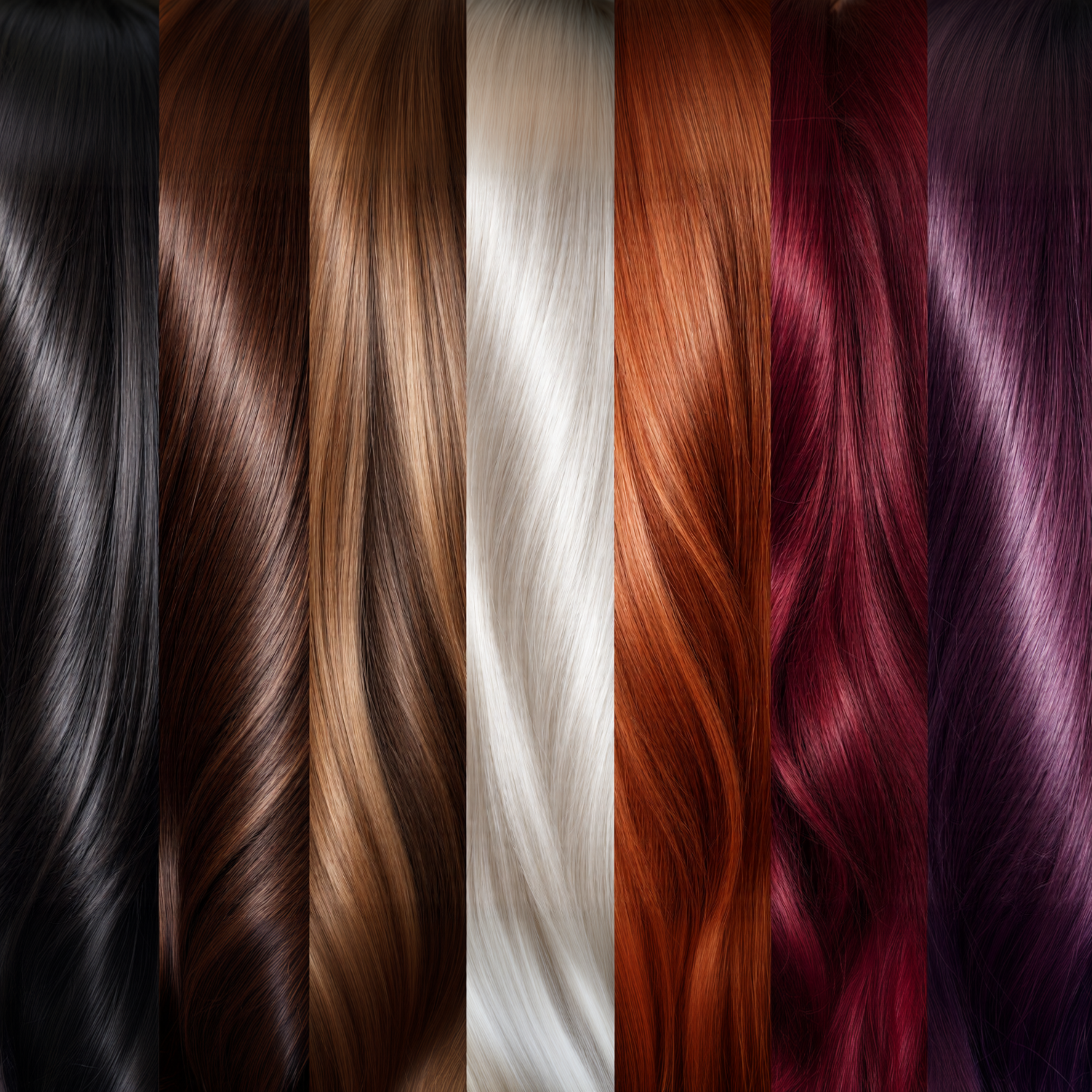 L'immagine è divisa in 7 colonne verticali.
Ciascuno mostra al suo interno delle ciocche di capelli colorate. La rima colonna a sinistra mostra il colore
