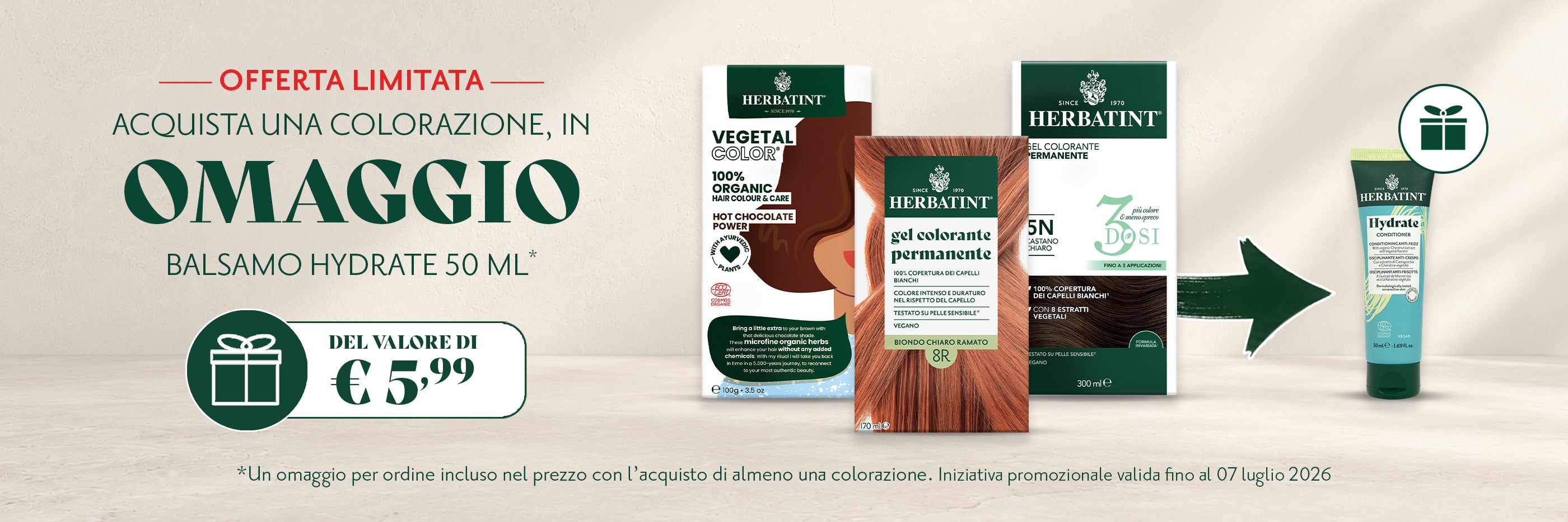Banner aprile Herbatint, acquista una colorazione, balsamo hydrate 50 ml in omaggio