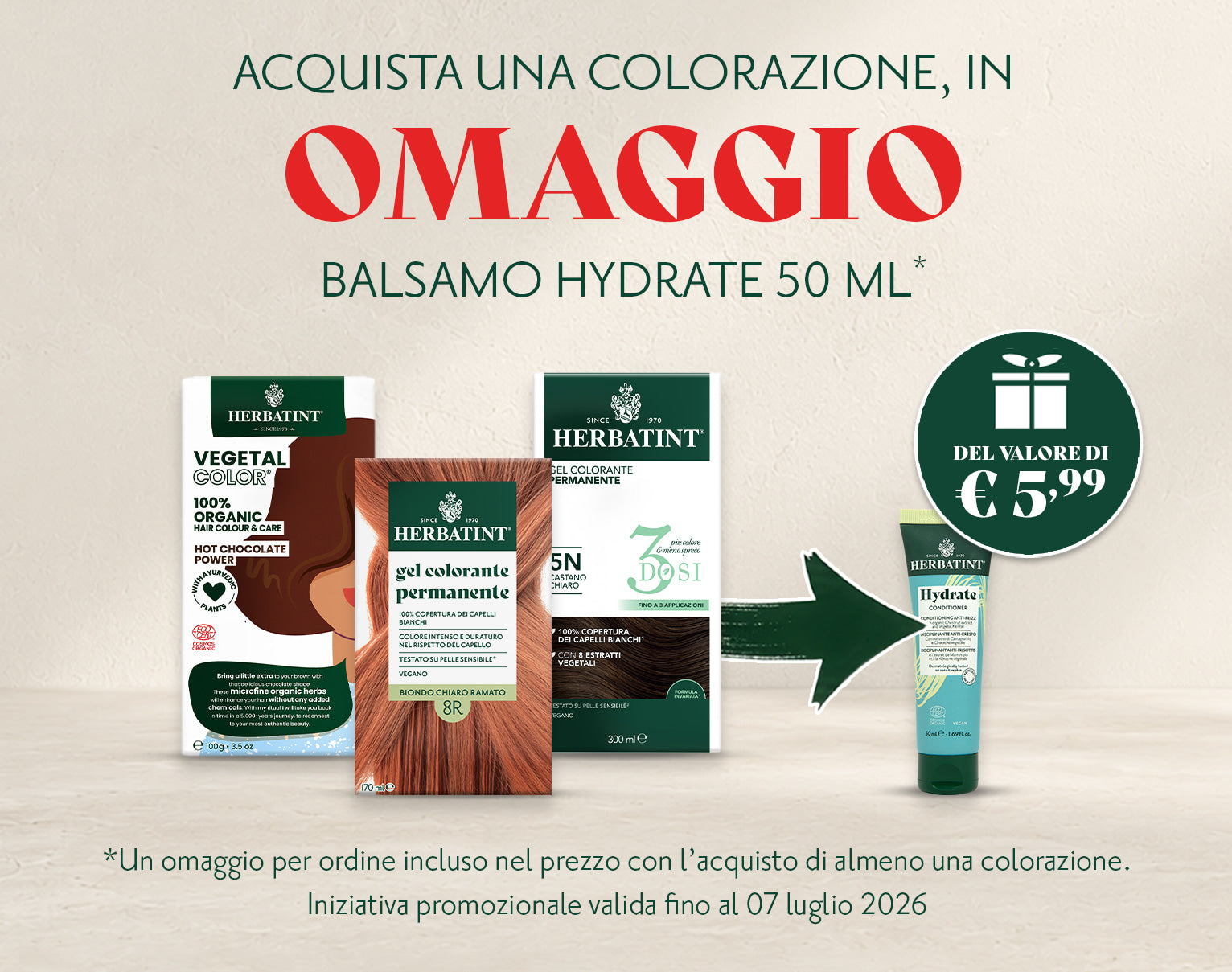 Banner aprile Herbatint, acquista una colorazione, il balsamo hydrate 50 ml è in omaggio