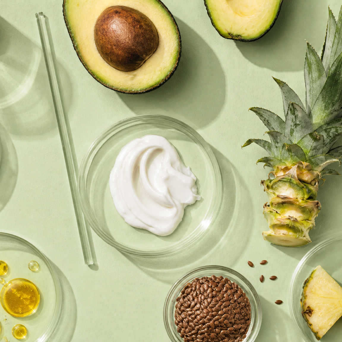 Vista dall'alto di un contenitore da laboratorio contenente burro di karité, una ciotola in vetro contenente semi di lino, un altro contenitore contenente olio di avocado e una sezione di foglie di ananas.