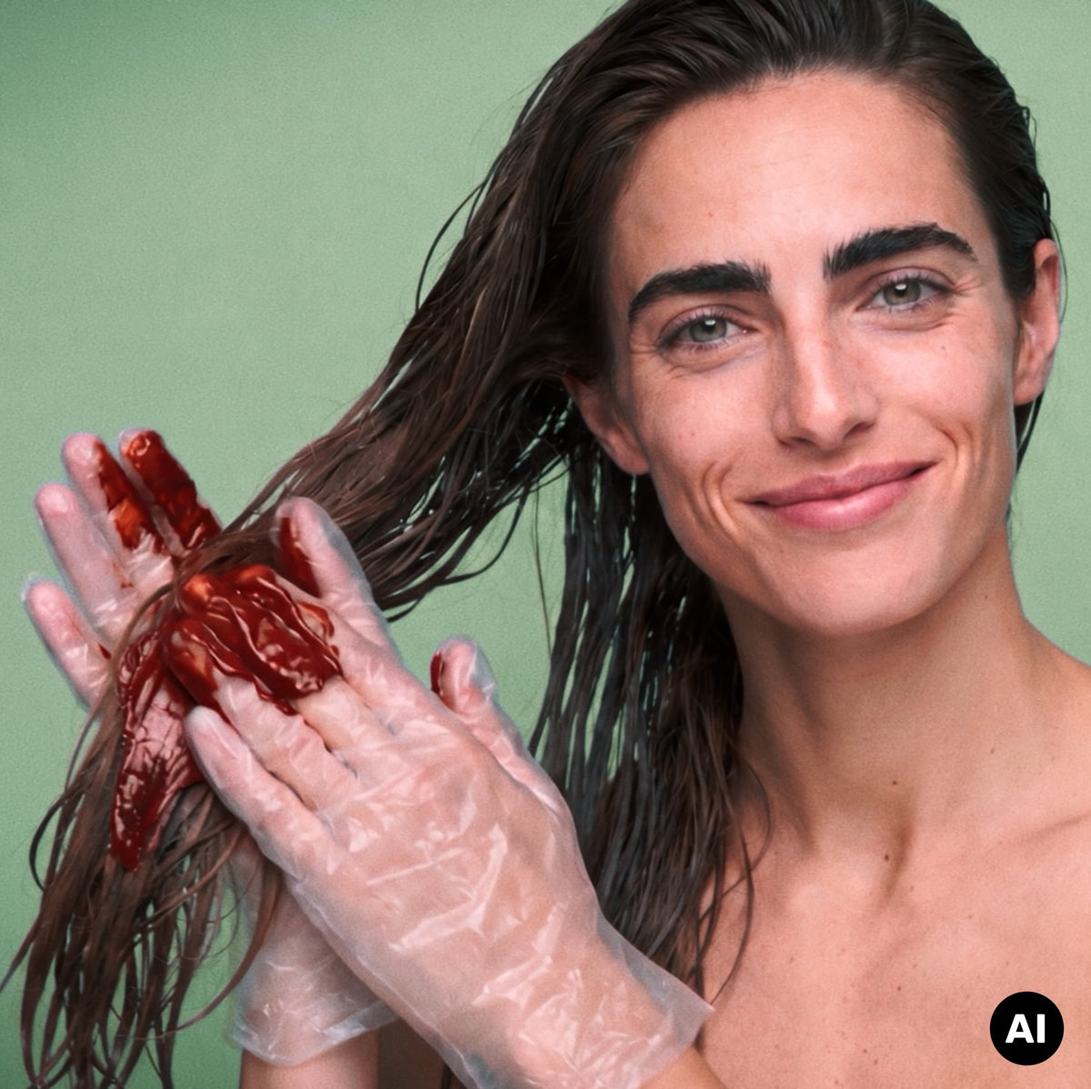 Ragazza sorridente con capelli lunghi castano scuri mentre applica Color Glow Mask sulle lunghezze dei capelli, indossando guanti di plastica trasparenti.