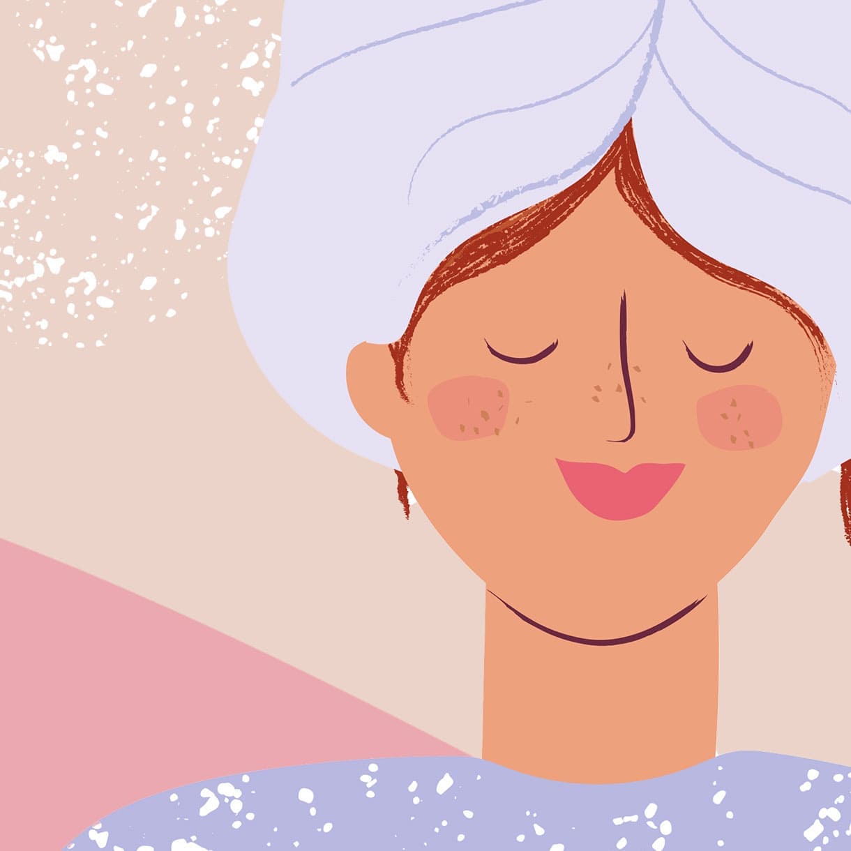 Ilustración de una mujer con la cabeza envuelta y los ojos cerrados que simboliza el momento relajante de aplicar la coloración vegetal Herbatint