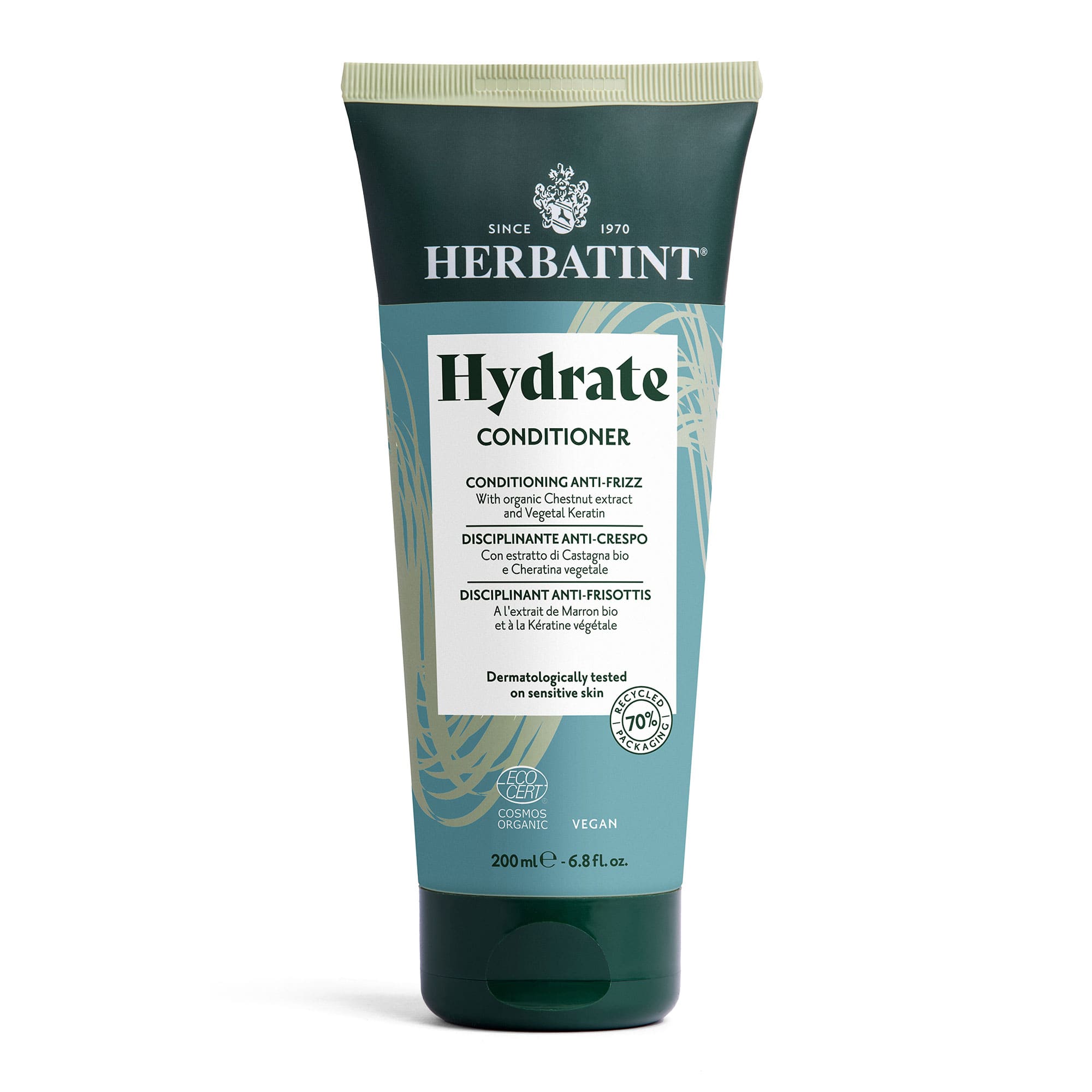 Tube van 200 ml Herbatint Hydrate conditioner, vegan anti-frizz formule met biologische kastanje-extract en plantaardige keratine voor glad en gedefinieerd haar; dermatologisch getest op een gevoelige huid