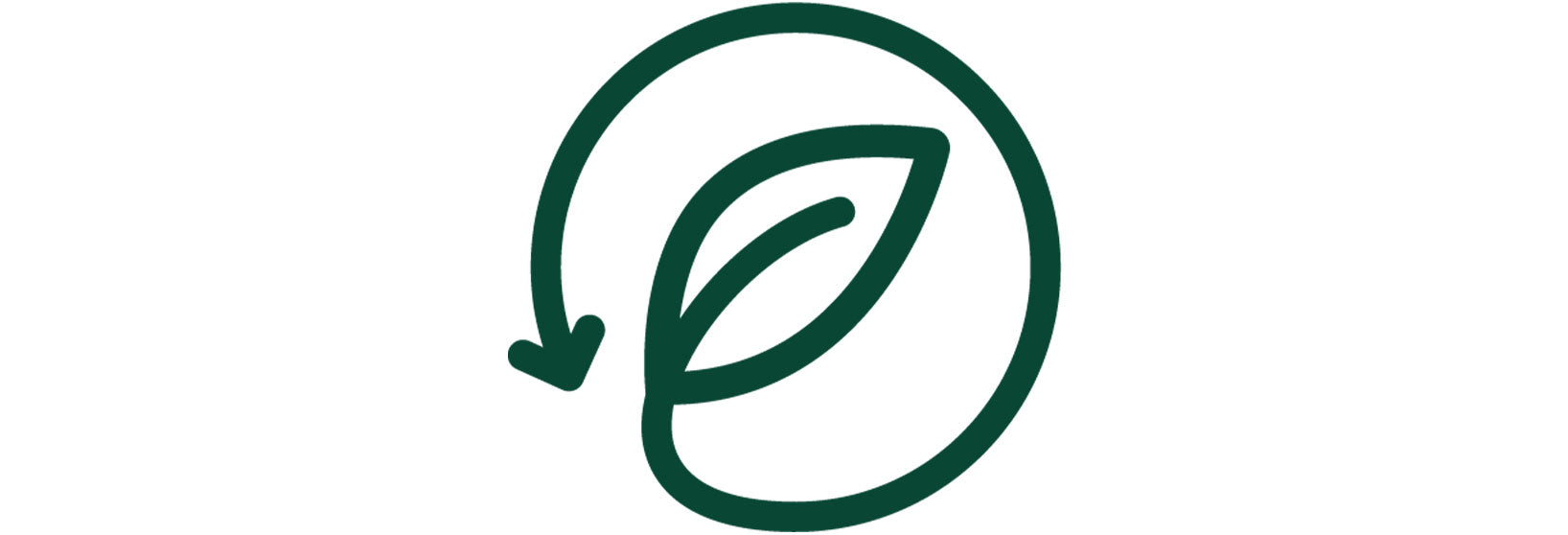 Icône de feuille vert foncé entourée d’un cercle avec une flèche circulaire, symbolisant le concept de durabilité et de circularité