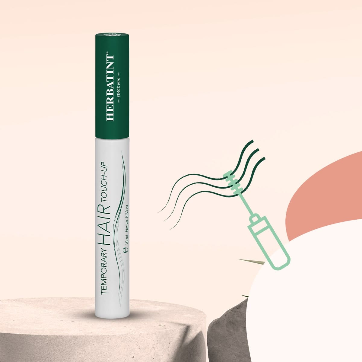 Herbatint Temporary Hair Touch-Up Flasche auf einem hellen Steintisch, vor beigem Hintergrund mit Naturelementen