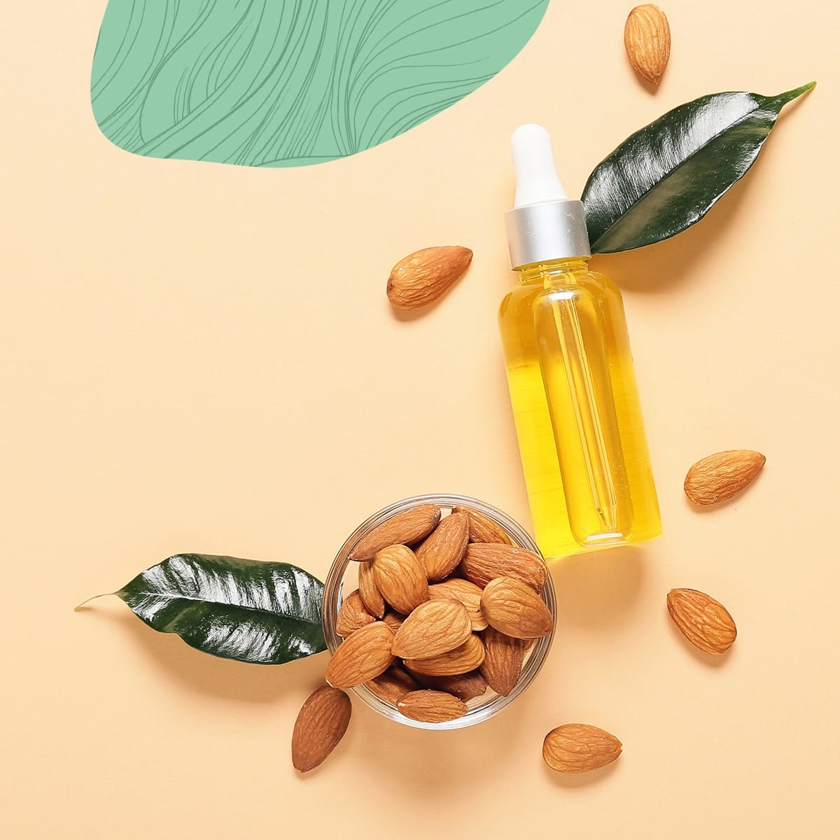 Flasche mit Öl und eine Schale Mandeln neben einem glänzenden Blatt auf pfirsichfarbenem Hintergrund mit grünen und beigefarbenen grafischen Elementen