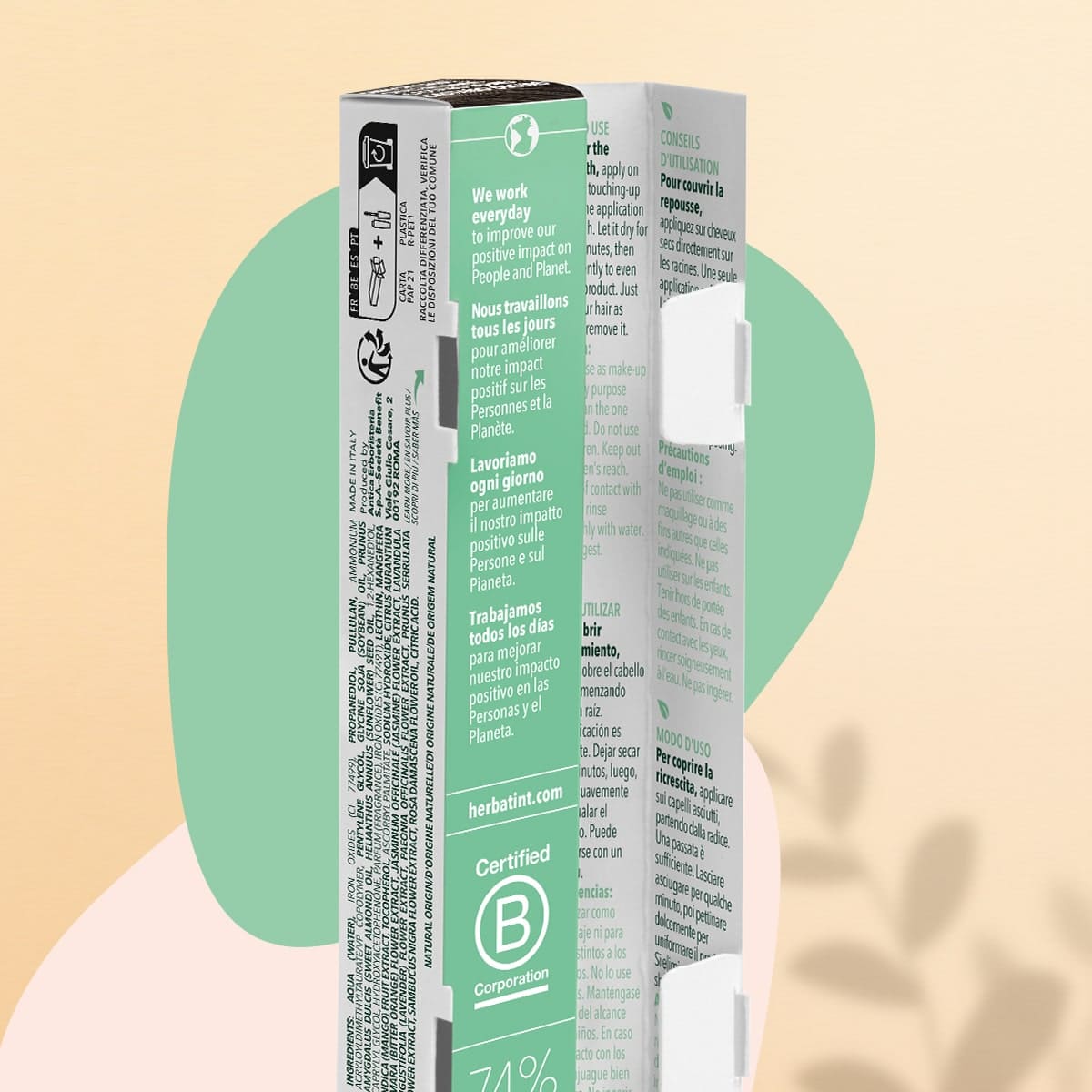 Seitenverpackung der Herbatint Haarmascara in grün bedrucktem Karton
