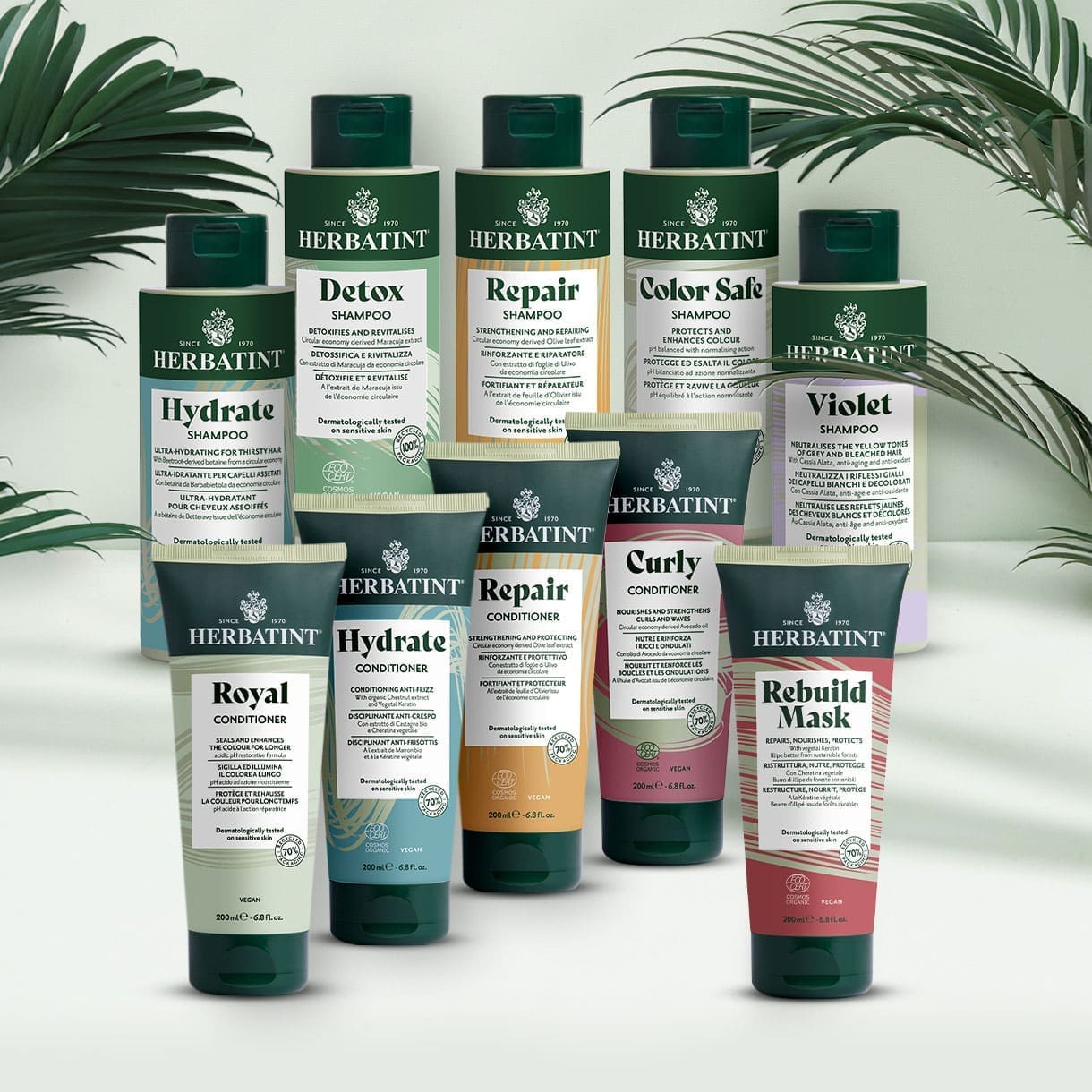 Gamme complète de soins capillaires Herbatint composée de dix produits : shampooings, après-shampooings et un masque restructurant pour tous les besoins capillaires