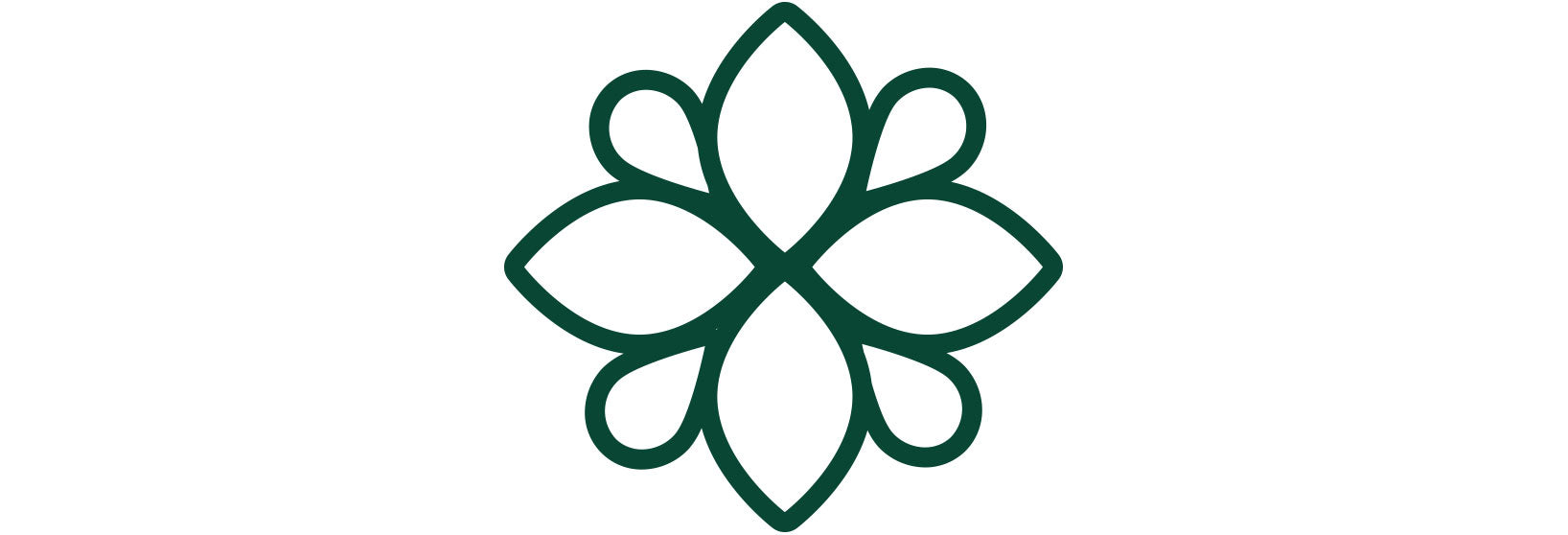 Dunkelgrünes Symbol mit acht symmetrisch angeordneten Blütenblättern, die eine stilisierte Blume formen – Symbol für natürliche Schönheit und Harmonie